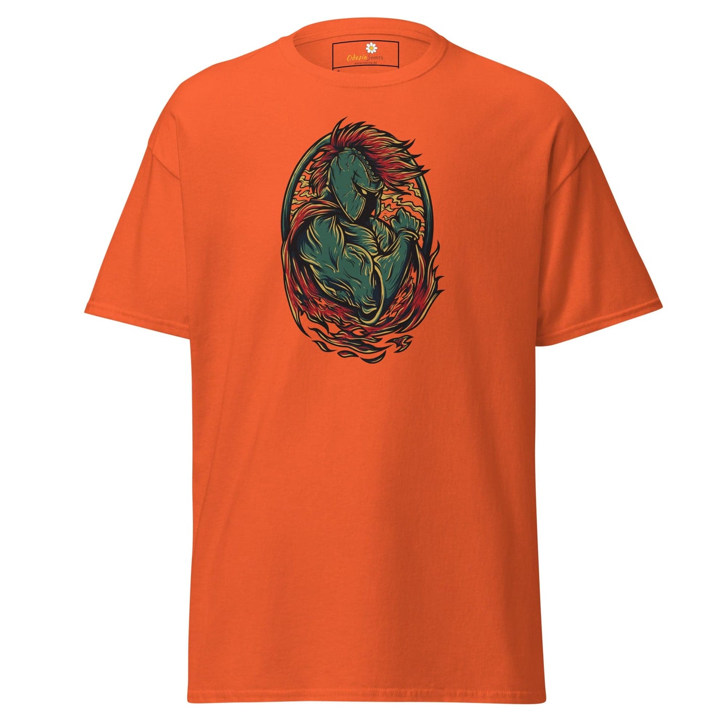 Orange T-shirt with warrior graphic for men and women, available in sizes S to XL