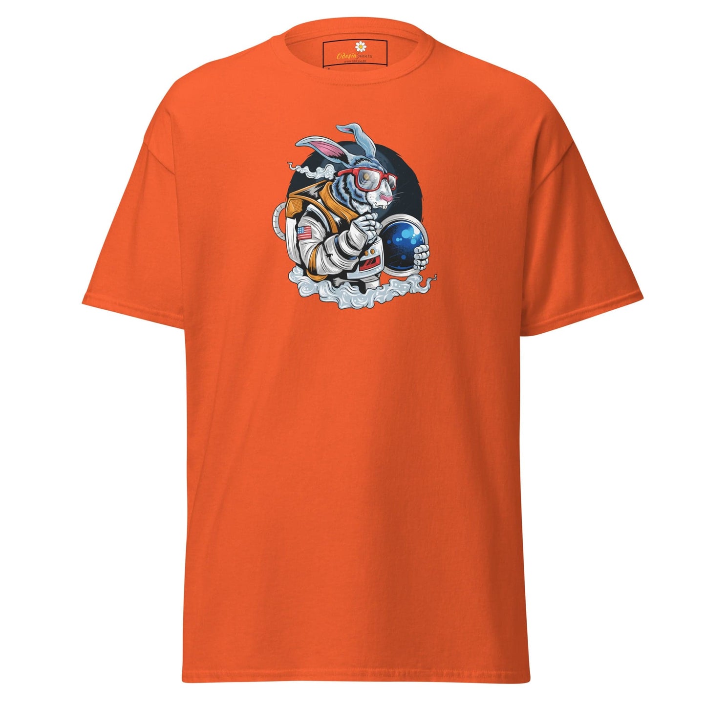Orange T-shirt with astronaut rabbit graphic for men and women in size S to XL