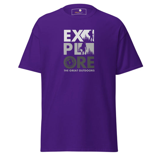 Purple T-shirt with Explore the Great Outdoors graphic for men’s and women’s sizes S to XL