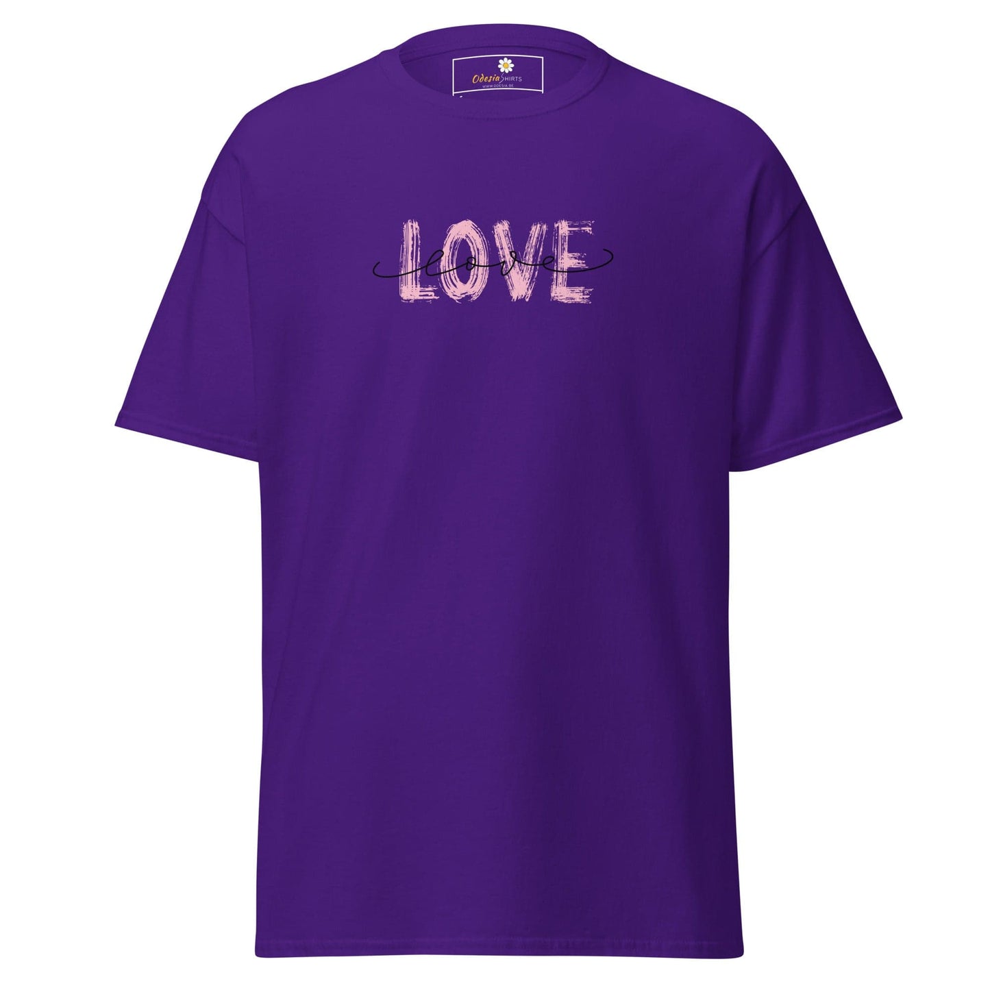 Purple T-shirt with LOVE design for men and women available in sizes S to XL