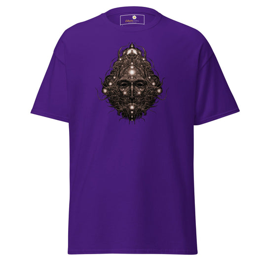 Purple t-shirt with ornate face design for men and women in sizes S to XL
