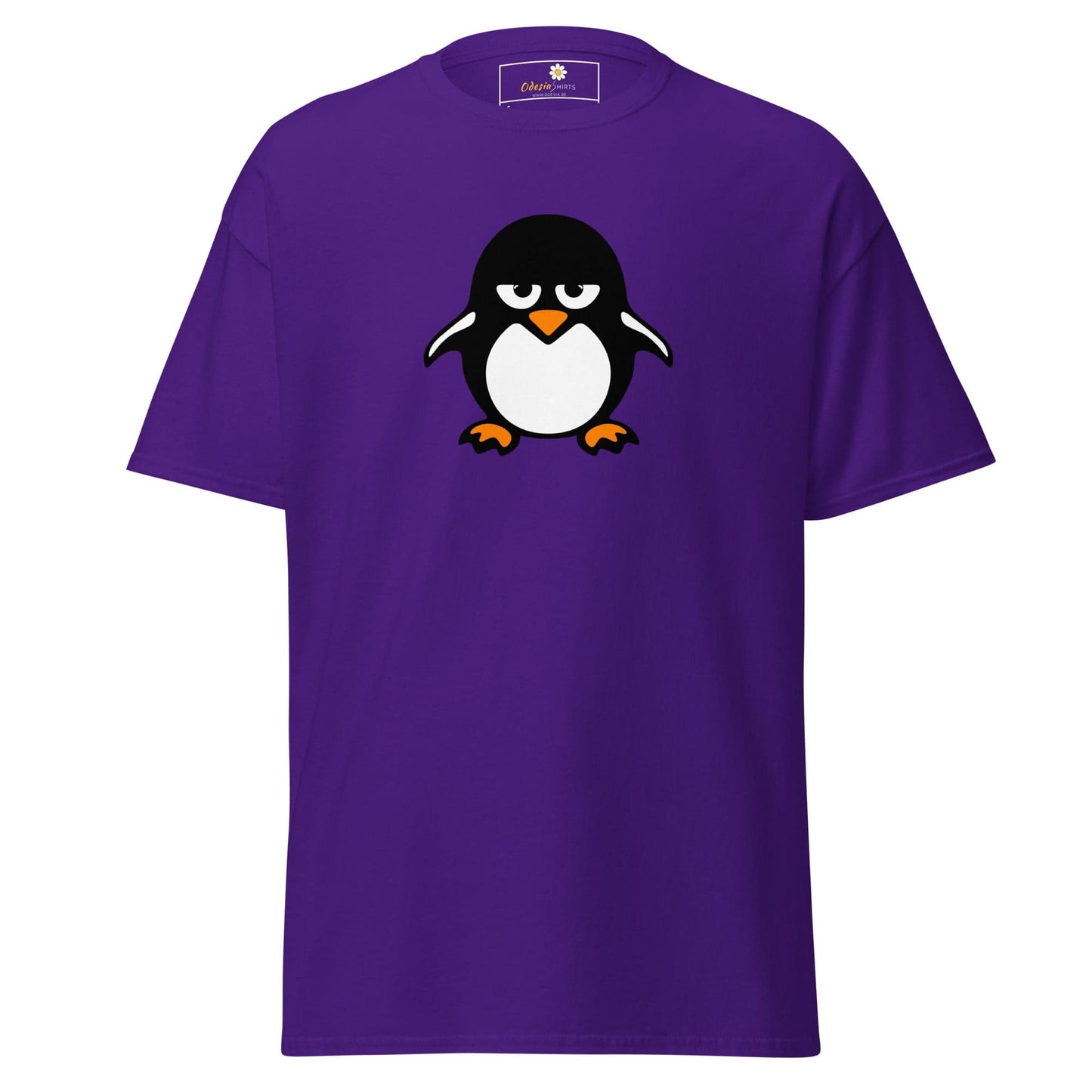 Purple T-shirt with penguin graphic for Men and Women available in sizes S to XL