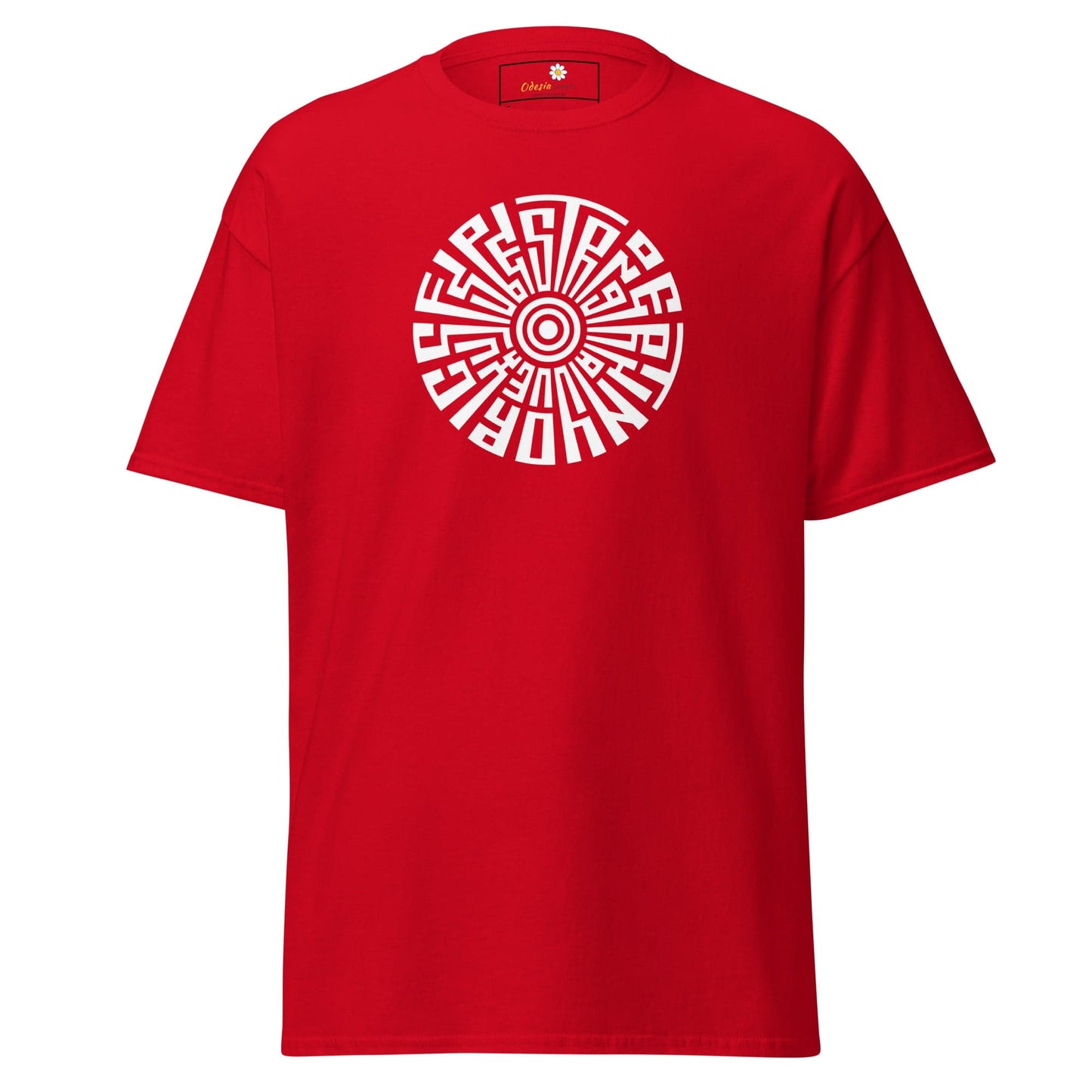 Red T-shirt with white circular design from T-SHIRT DESIGN TEE for Men and Women