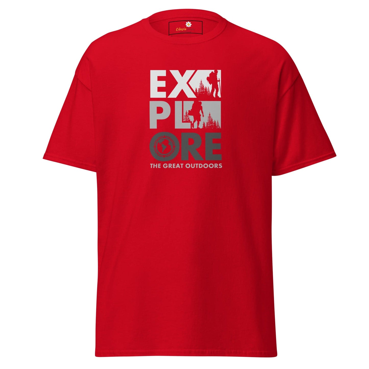 Red T-shirt with Explore the Great Outdoors graphic in the T-SHIRT DESIGN TEE for Men or Women