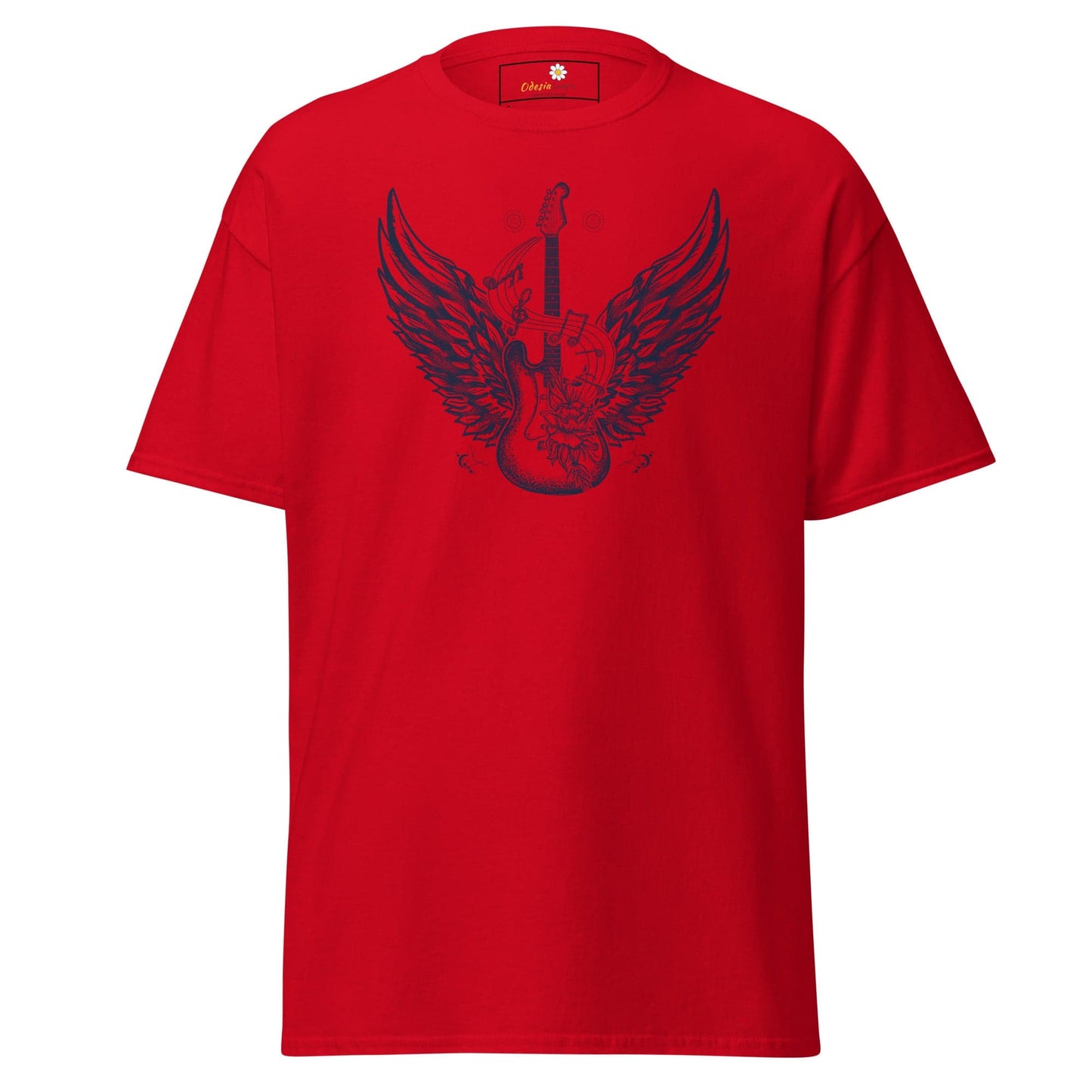 Red T-shirt featuring guitar and wings graphic for Men and Women in sizes S to XL