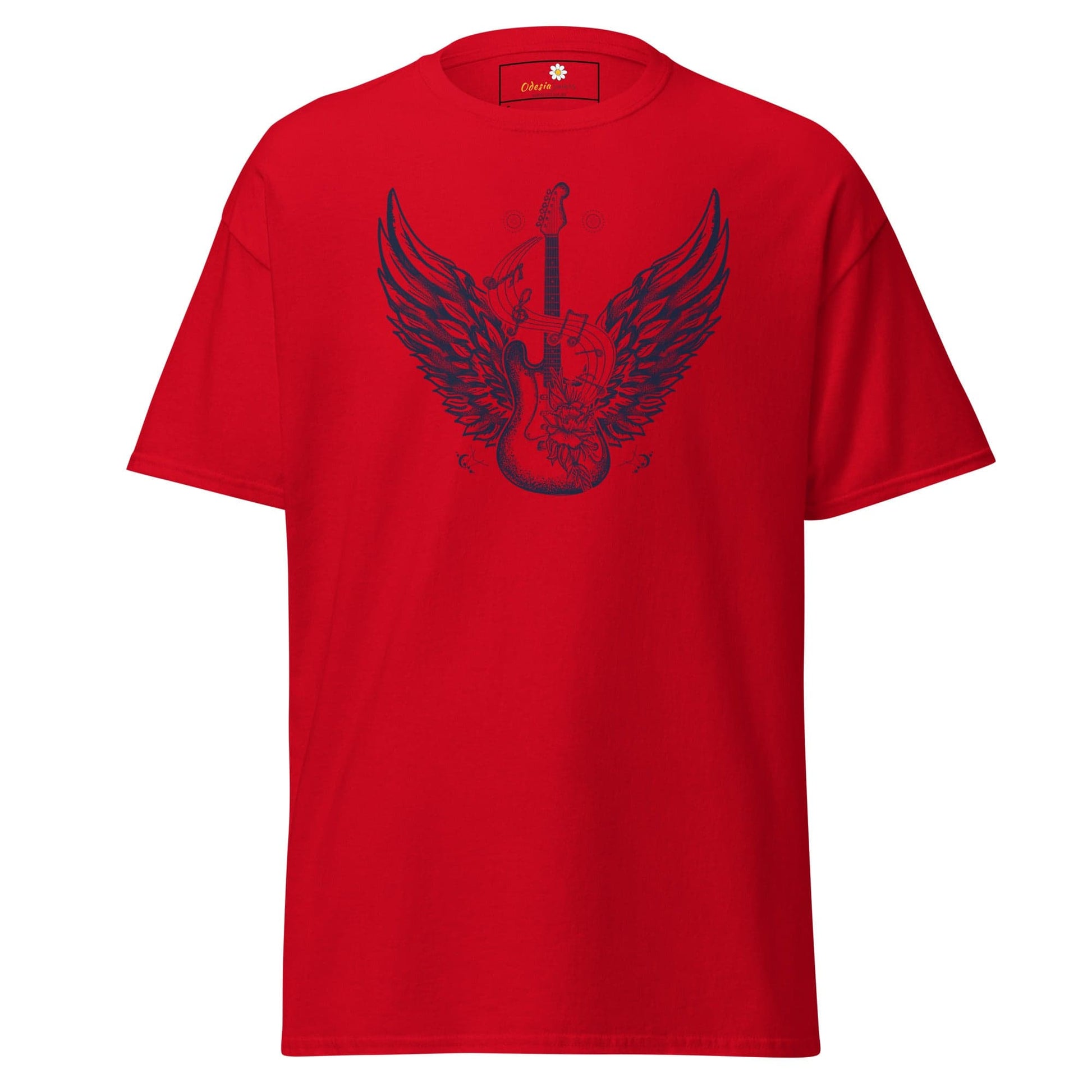 Red T-shirt featuring guitar and wings graphic for Men and Women in sizes S to XL