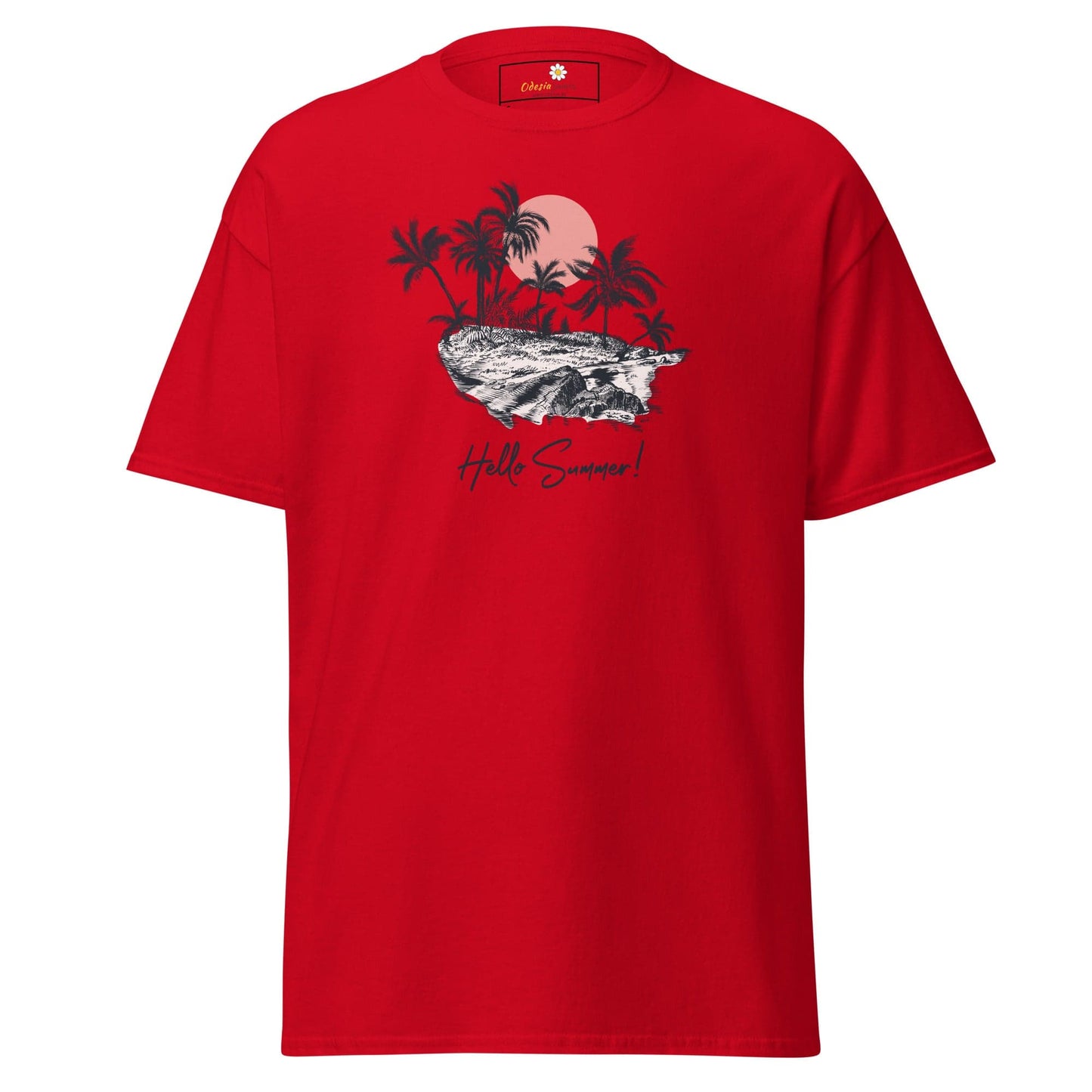 Red T-shirt with tropical island graphic for men and women in sizes S to XL