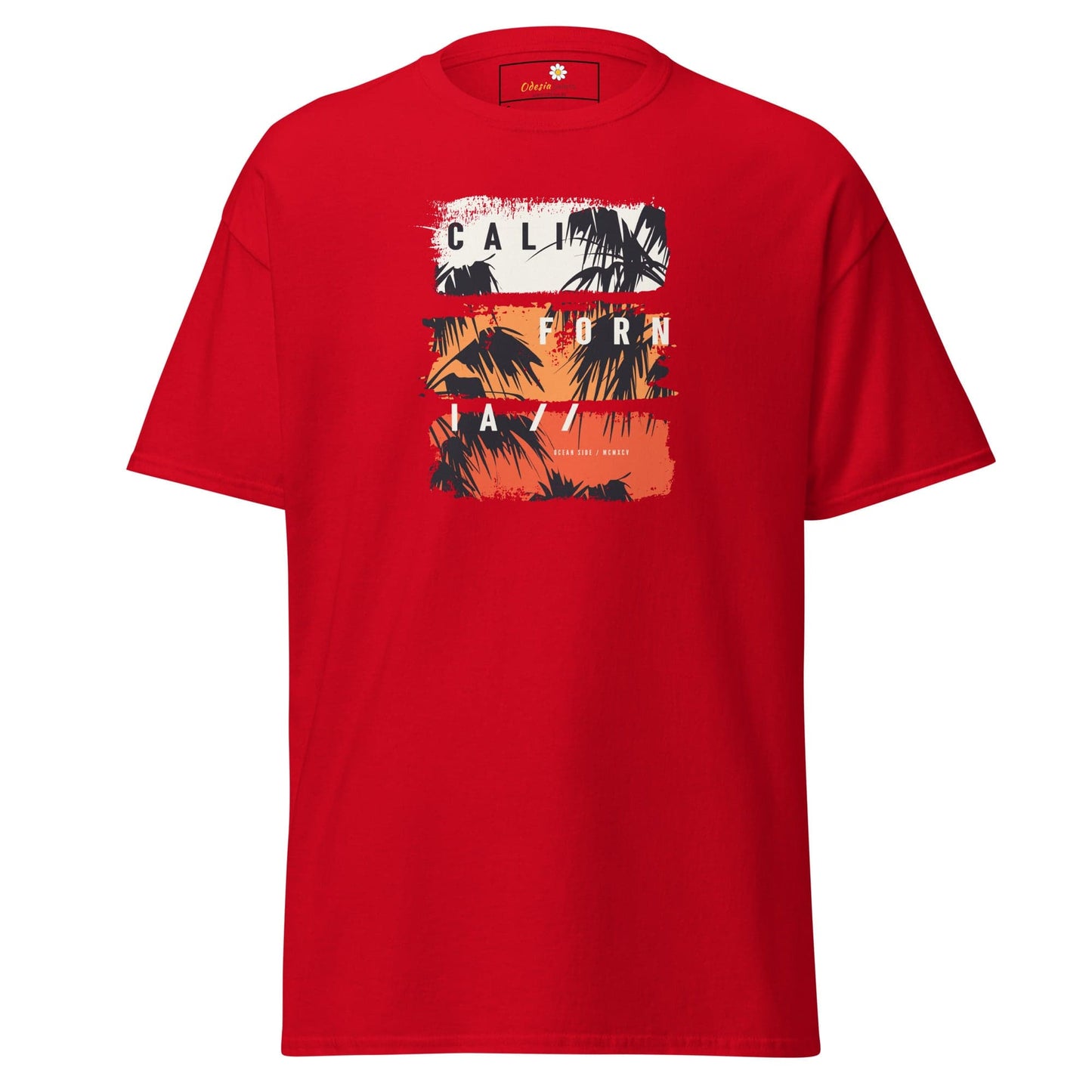 Red T-shirt with California graphic for men and women, available in sizes S to XL