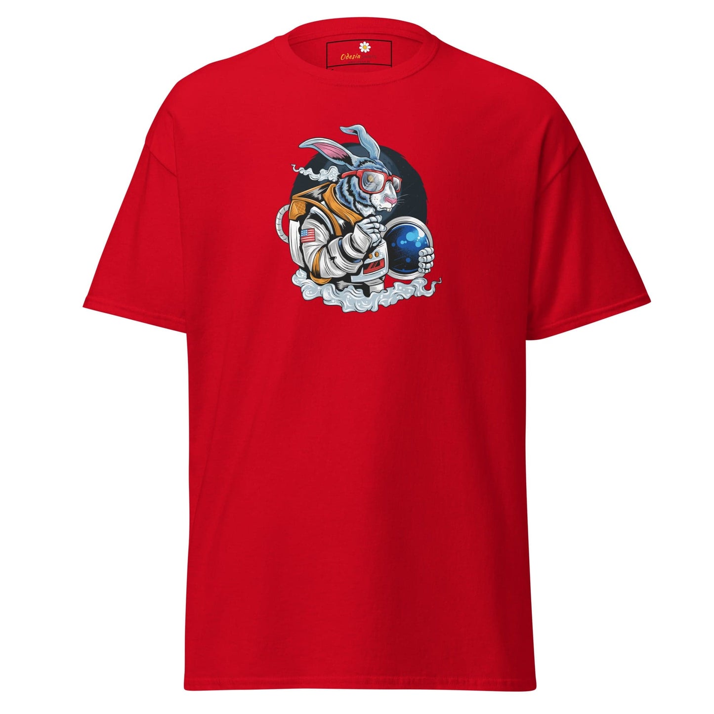 Red T-shirt with astronaut rabbit graphic for men and women, available in sizes S to XL