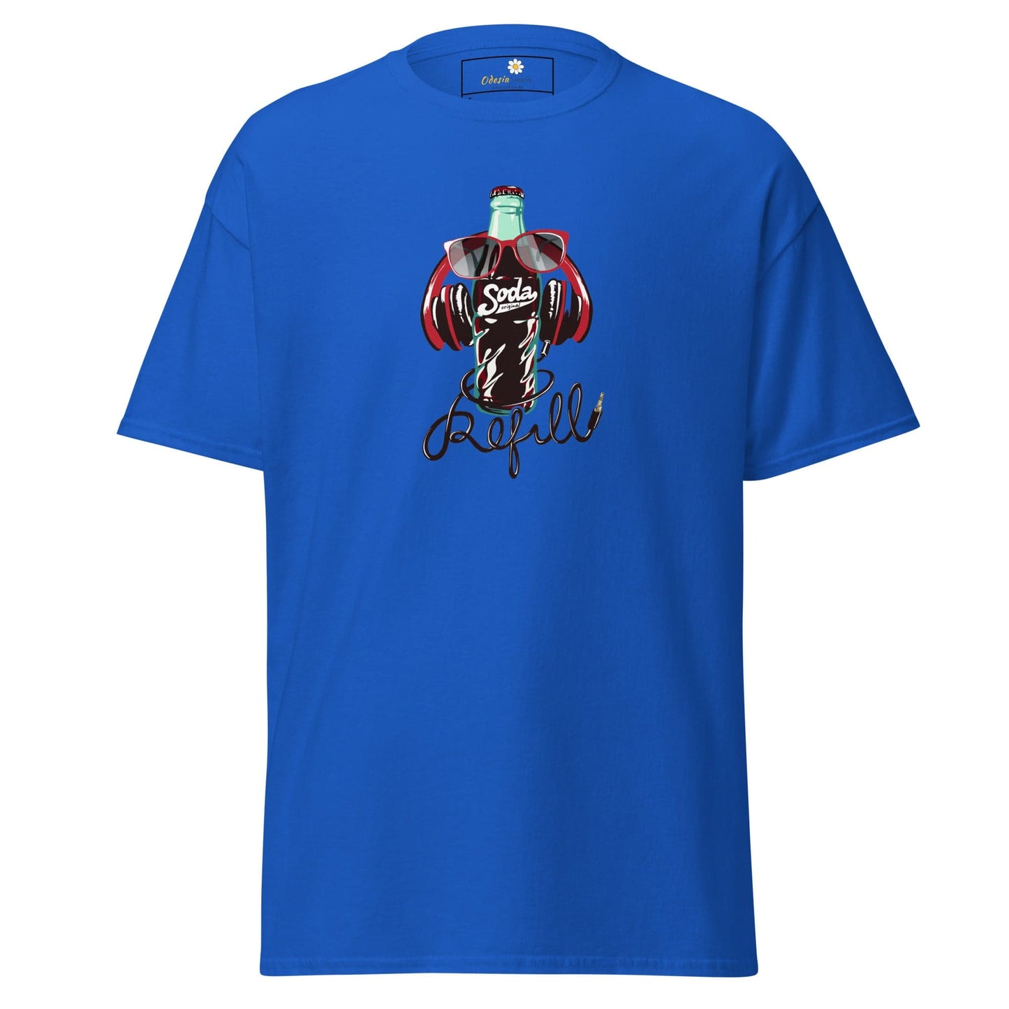 Blue T-shirt with soda bottle graphic displayed in men’s and women’s sizing S to XL