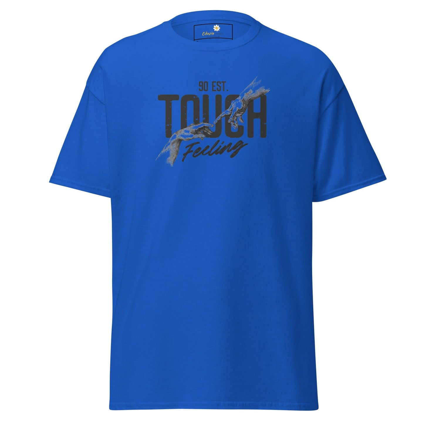 Blue T-shirt with graphic design for men and women available in S to XL sizes