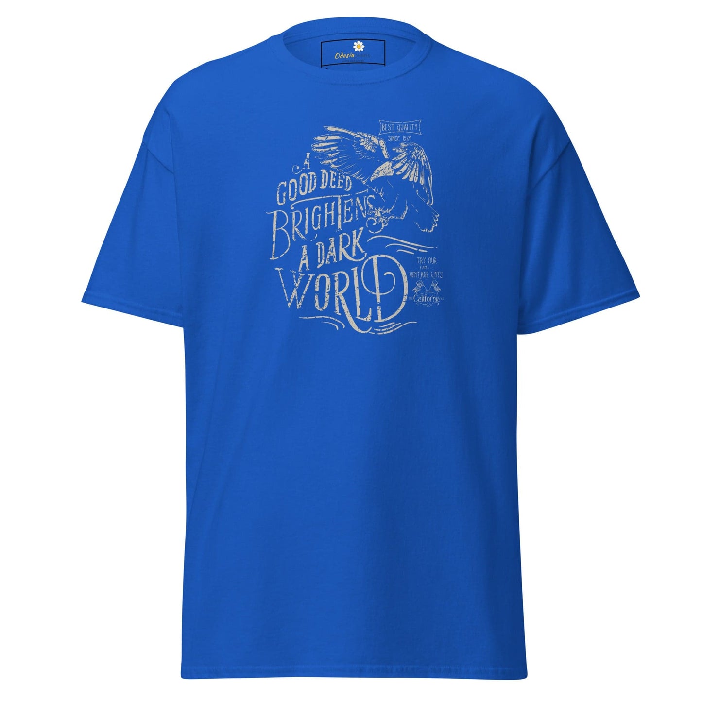 Blue T-shirt with graphic design for men and women available in sizes S to XL