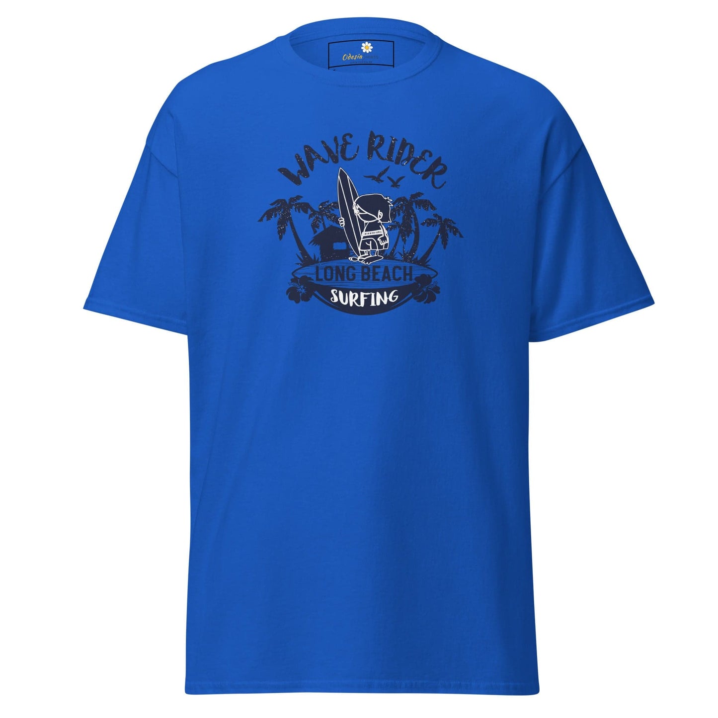 Blue T-shirt with surfing graphic for men and women in sizes S to XL