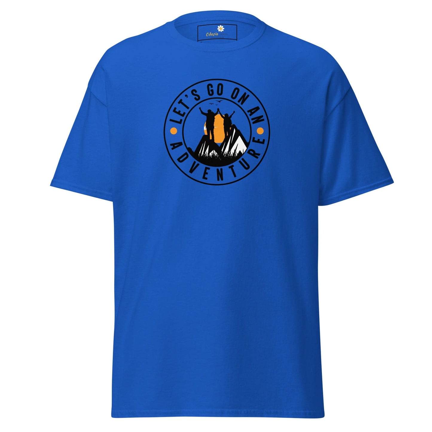Blue T-shirt with adventure graphic for men and women available in sizes S to XL