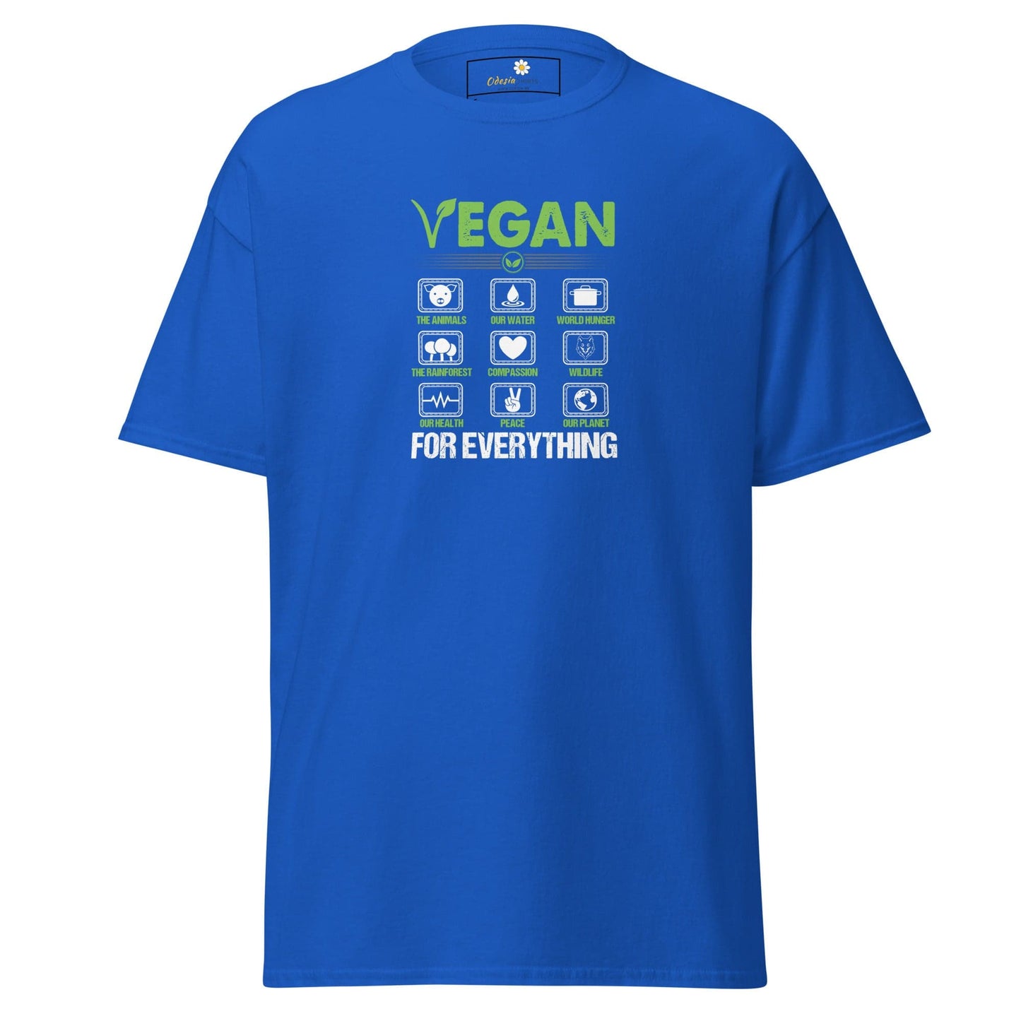 Blue vegan-themed T-shirt displayed in T-SHIRT DESIGN TEE for men and women sizes S to XL