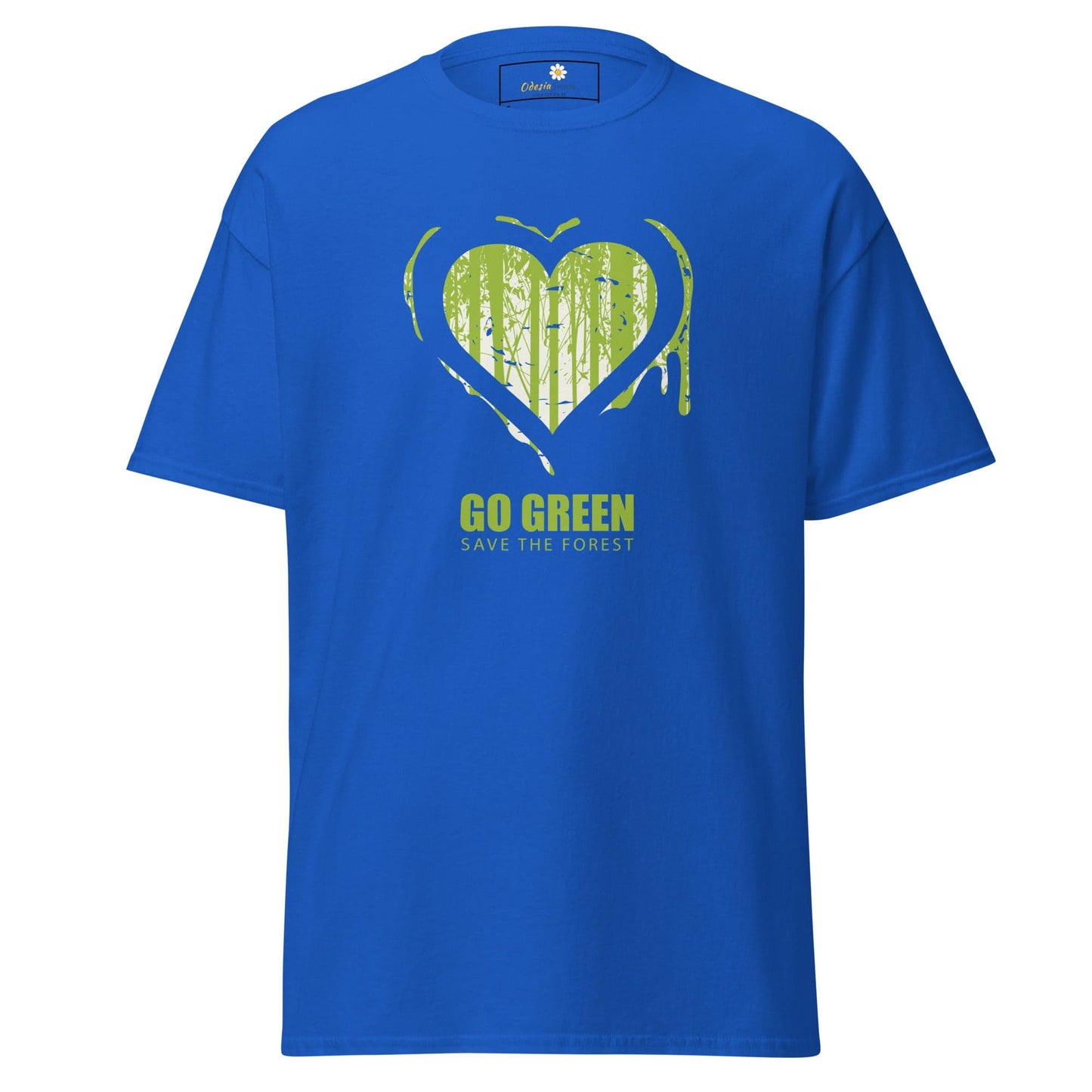 Blue T-shirt with heart-shaped forest graphic for men and women in sizes S to XL