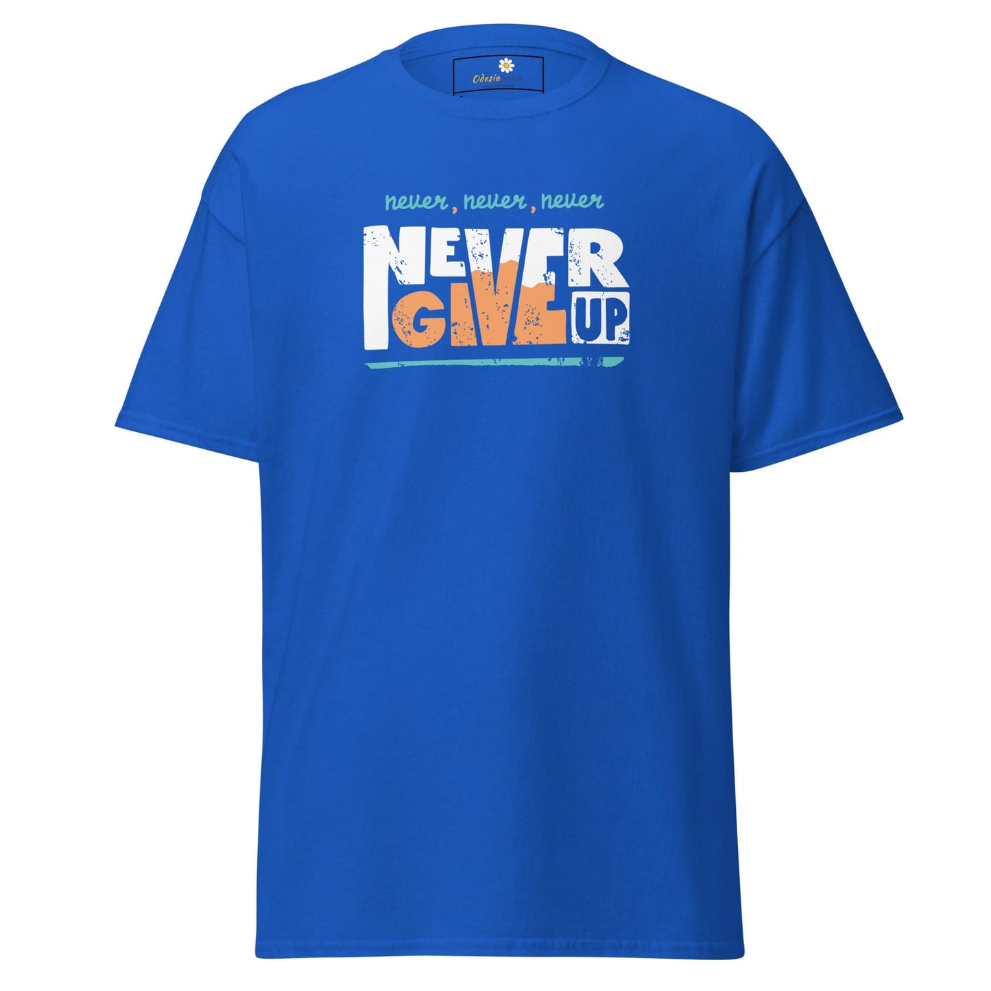 Blue T-shirt with Never Give Up graphic from T-SHIRT DESIGN TEE for Man and Woman