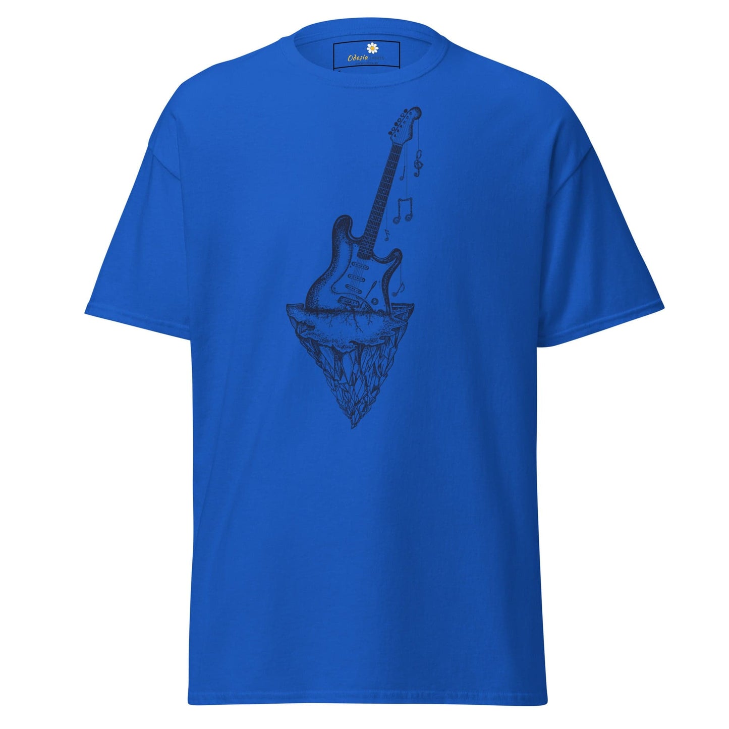 Blue t-shirt with guitar graphic for men and women, available in sizes S to XL