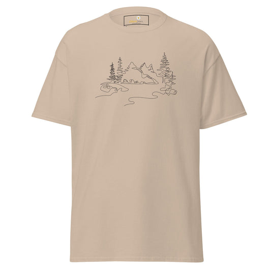 Beige T-shirt with mountain and tree line art for men and women size S to XL