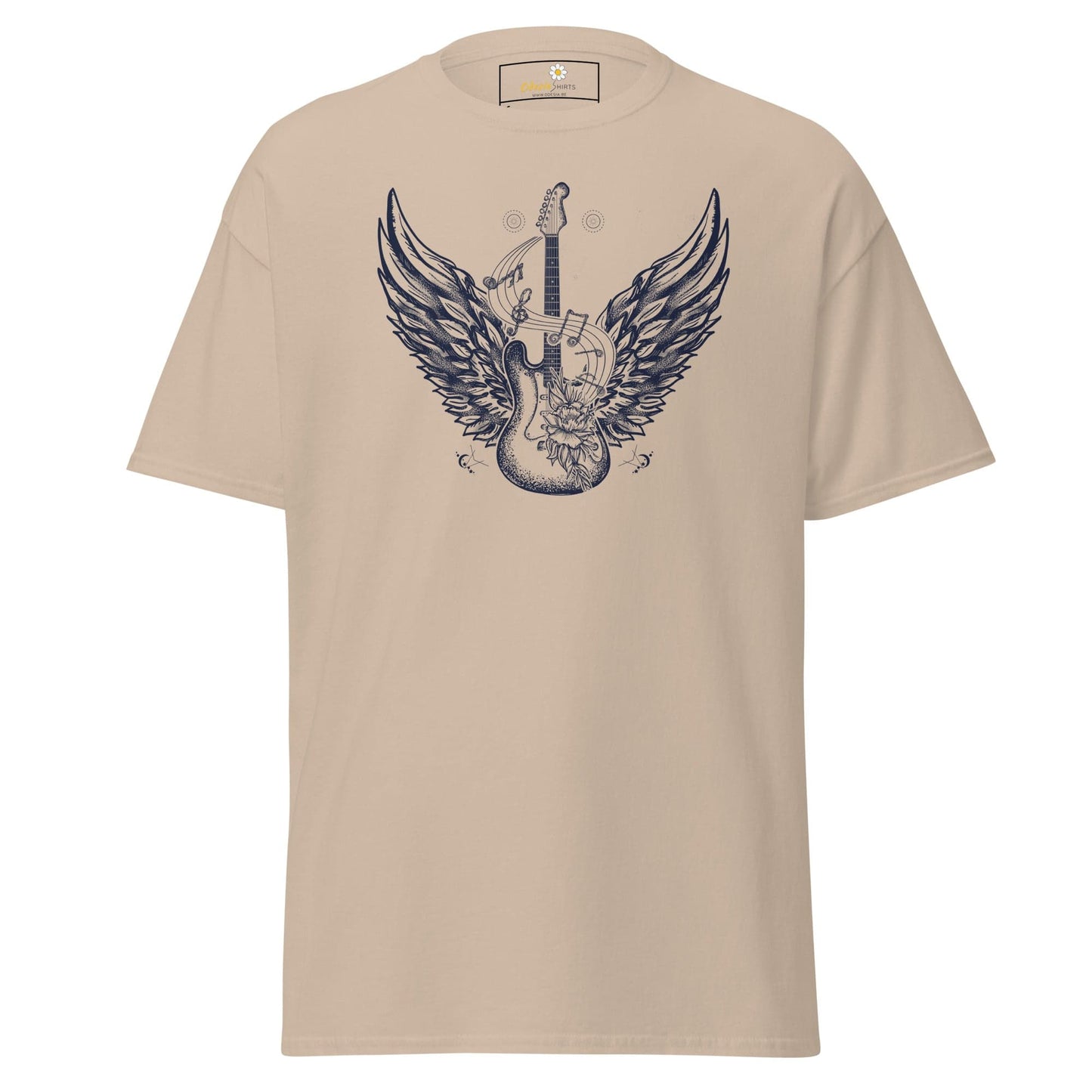 Beige T-shirt with guitar and wings graphic for men and women in sizes S to XL