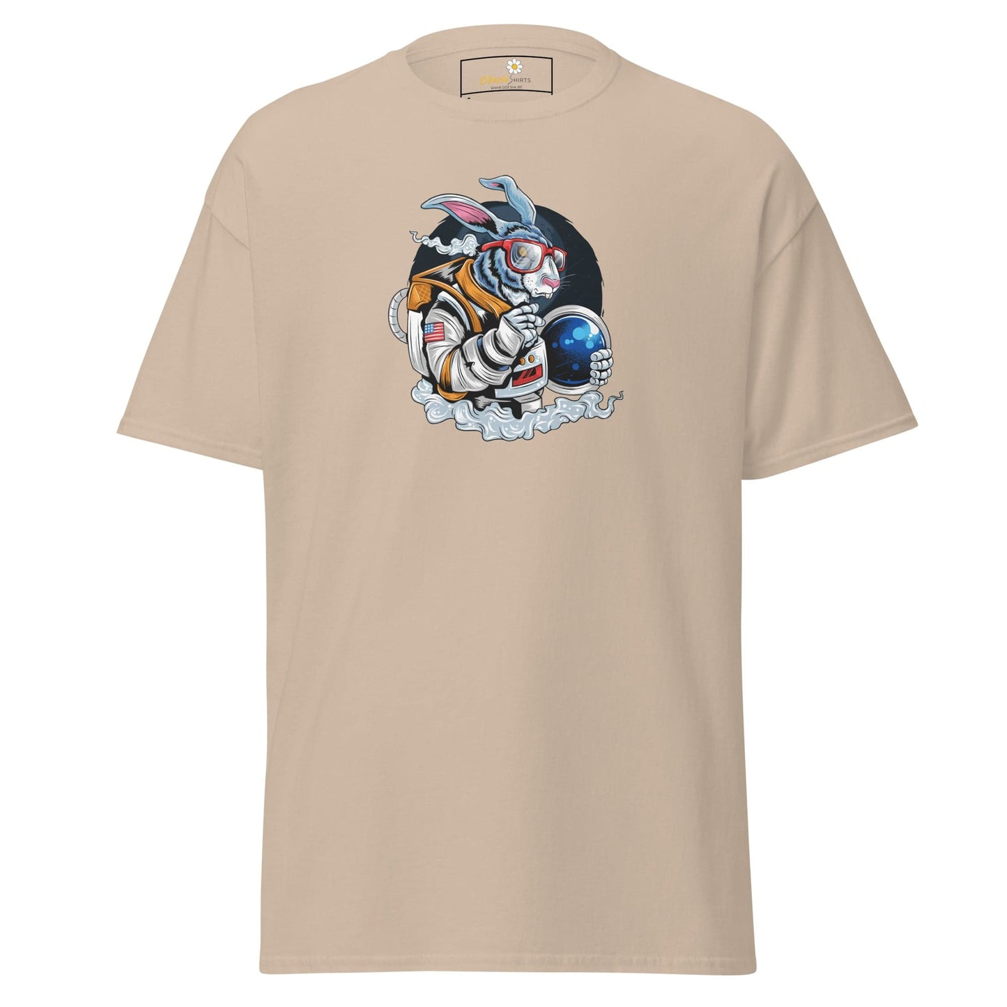 Beige T-shirt for men and women featuring an astronaut rabbit graphic design