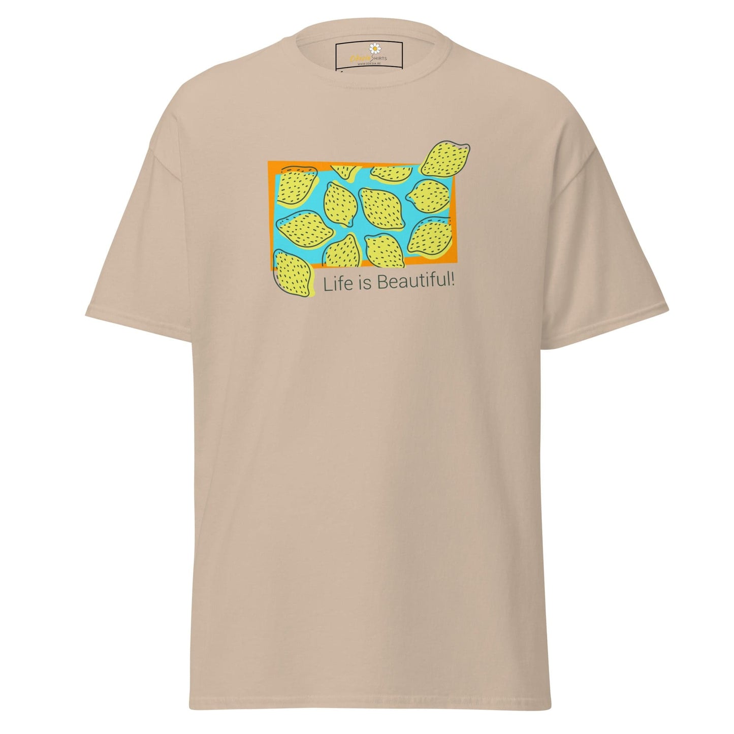 Beige T-shirt with Lemon graphic displayed for Man and Woman sizes S to XL