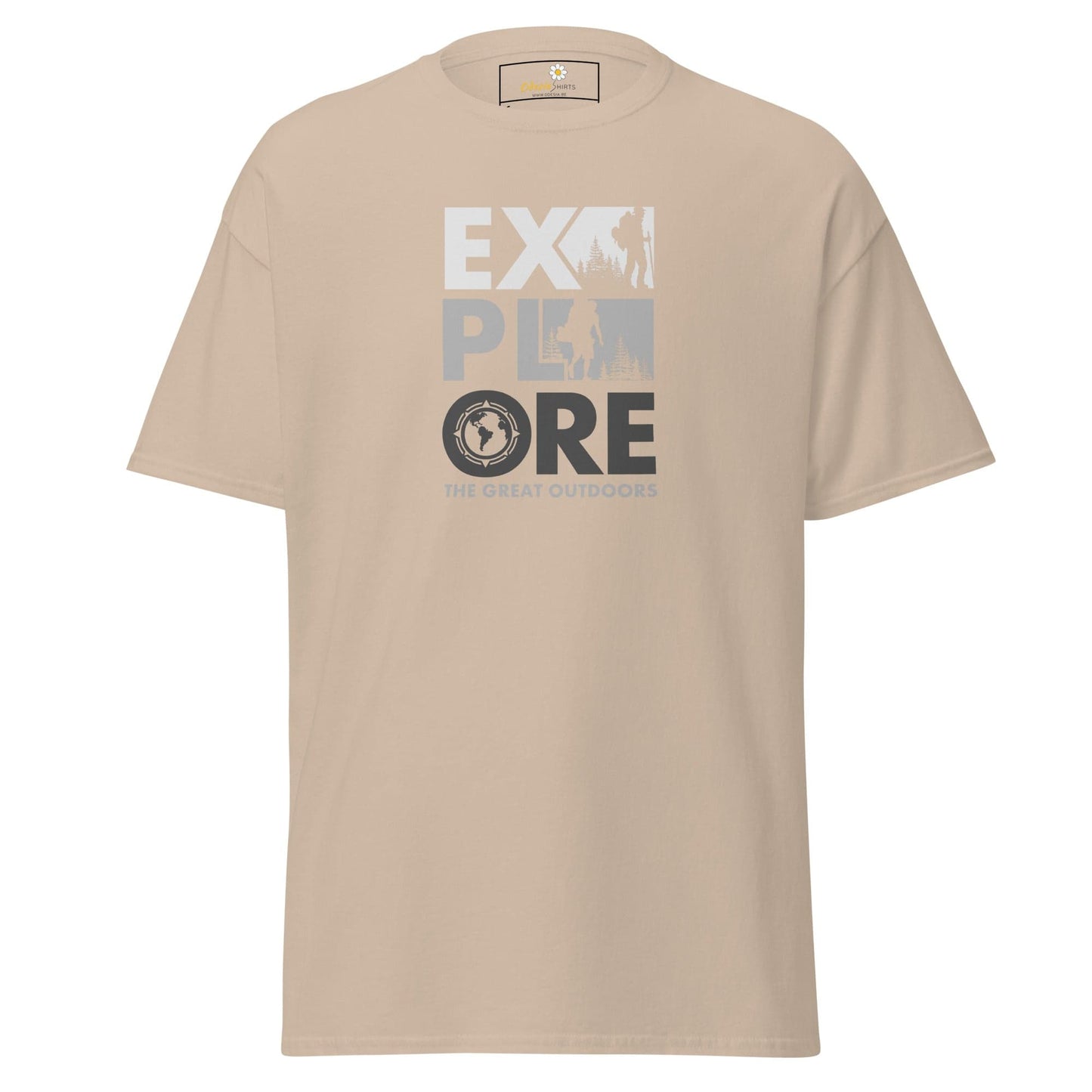 Beige T-shirt with Explore graphic for men and women in size S to XL