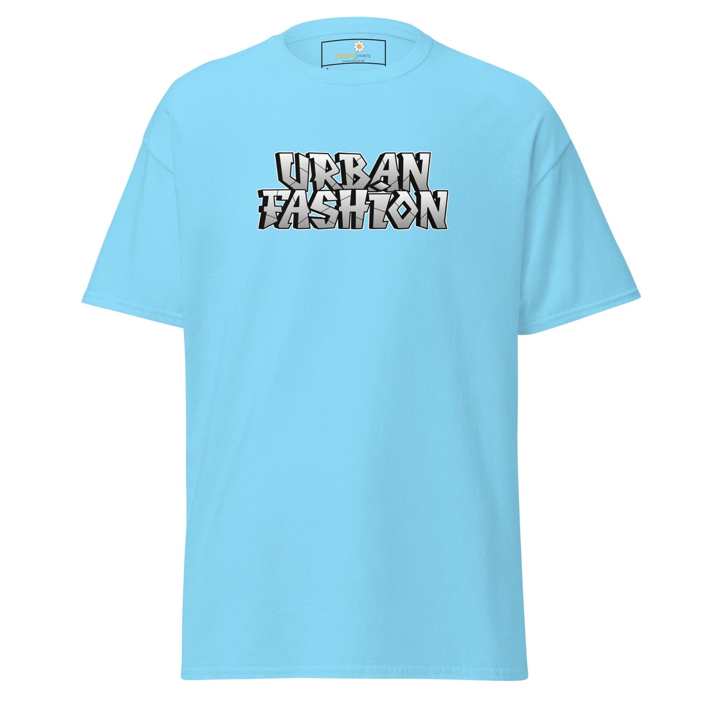 Light blue T-shirt featuring Urban Fashion text, available in S to XL sizes for men and women