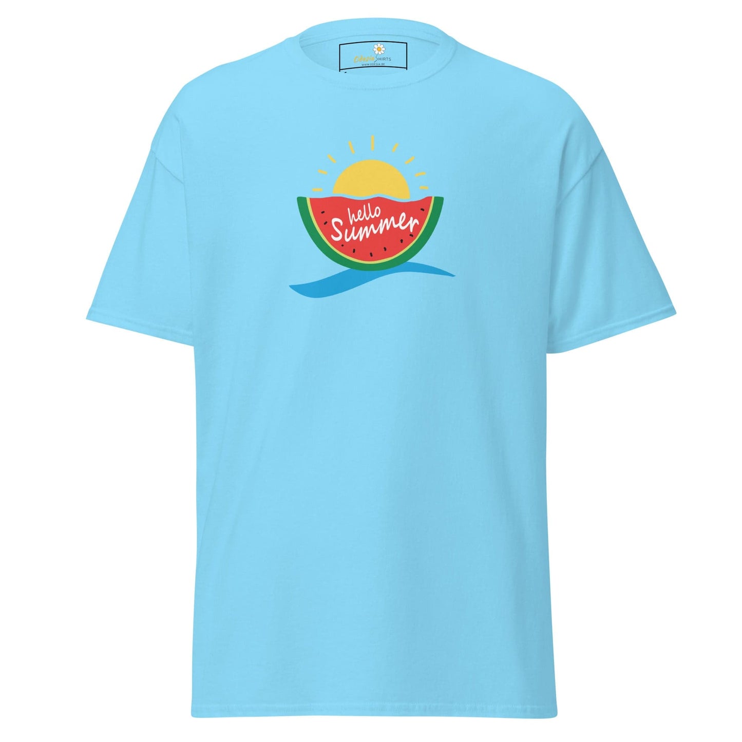Light blue T-shirt with a watermelon graphic for men and women in sizes S to XL