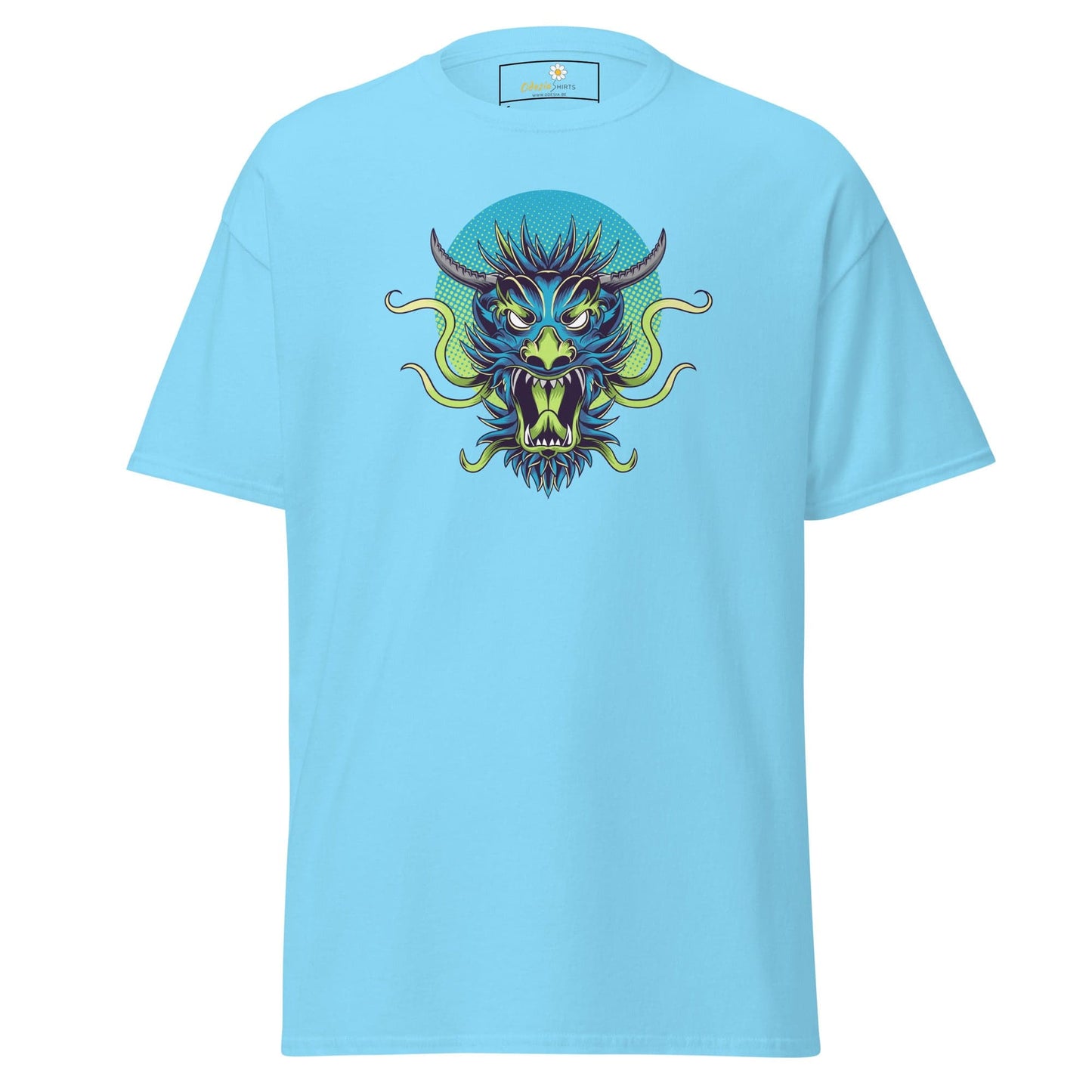 Light blue T-shirt featuring a dragon graphic, suitable for men and women sizes S to XL
