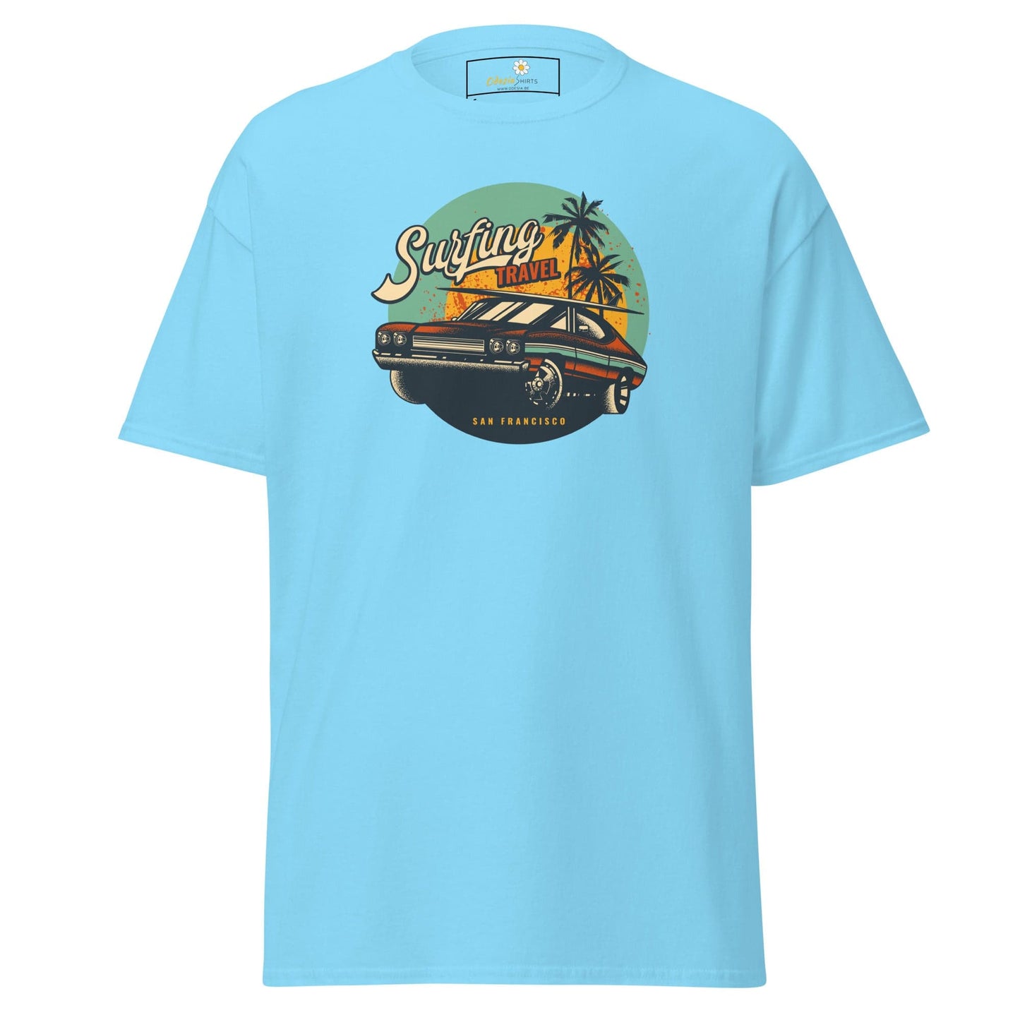 Light blue T-shirt with car graphic from T-SHIRT DESIGN TEE for Man and Woman in sizes S to XL