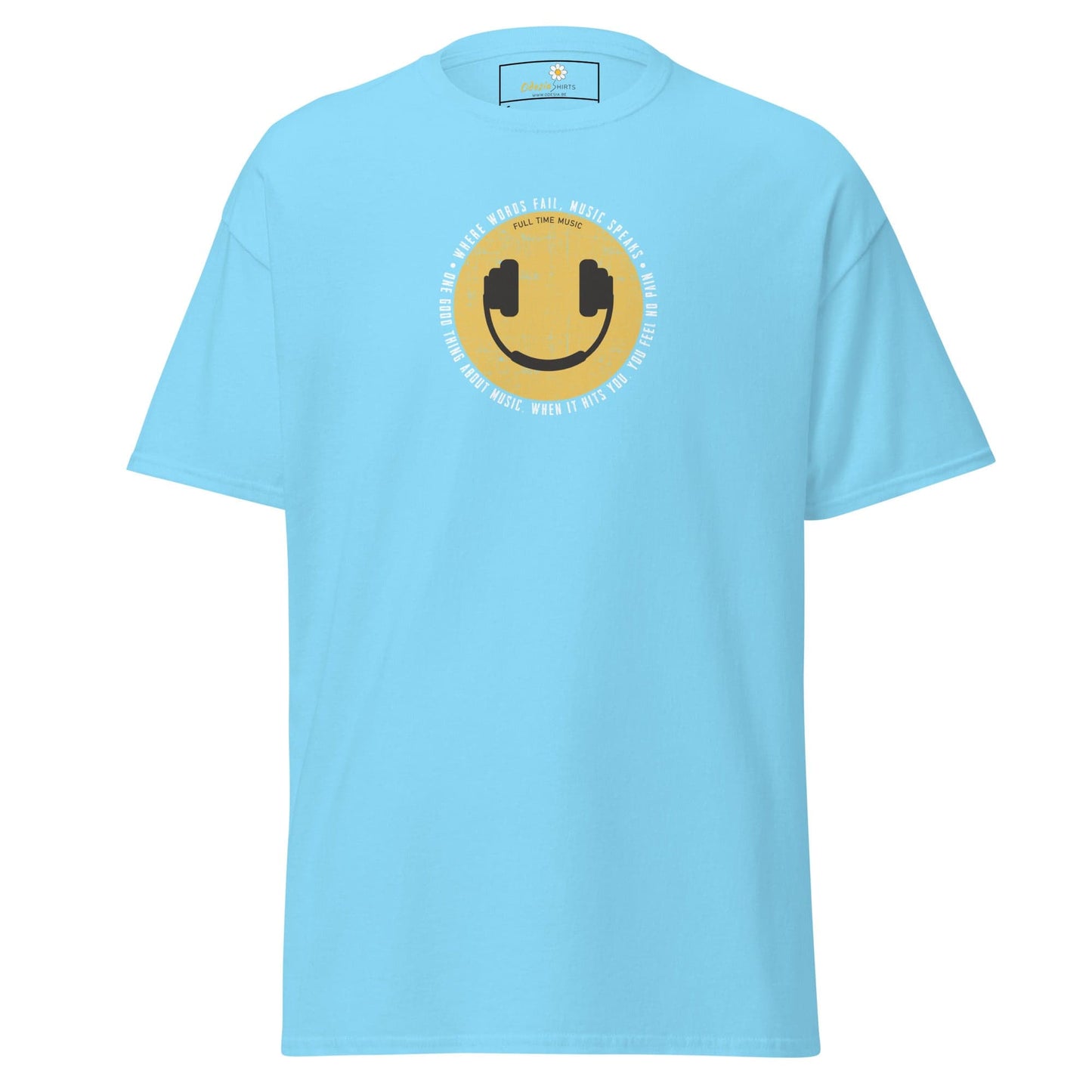 Light blue T-shirt with smiley face design for men and women available in size S to XL