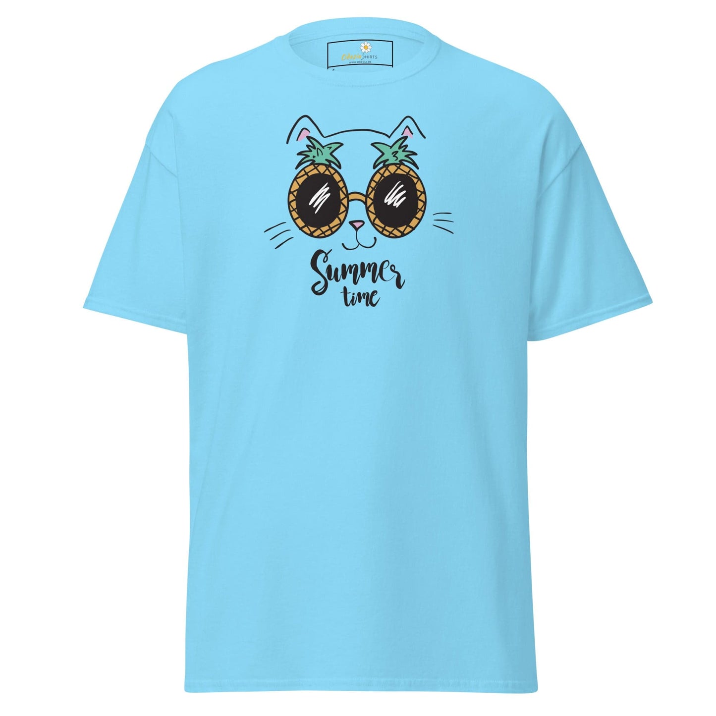 Light blue T-shirt featuring a cat with pineapple sunglasses, men’s and women’s sizes available