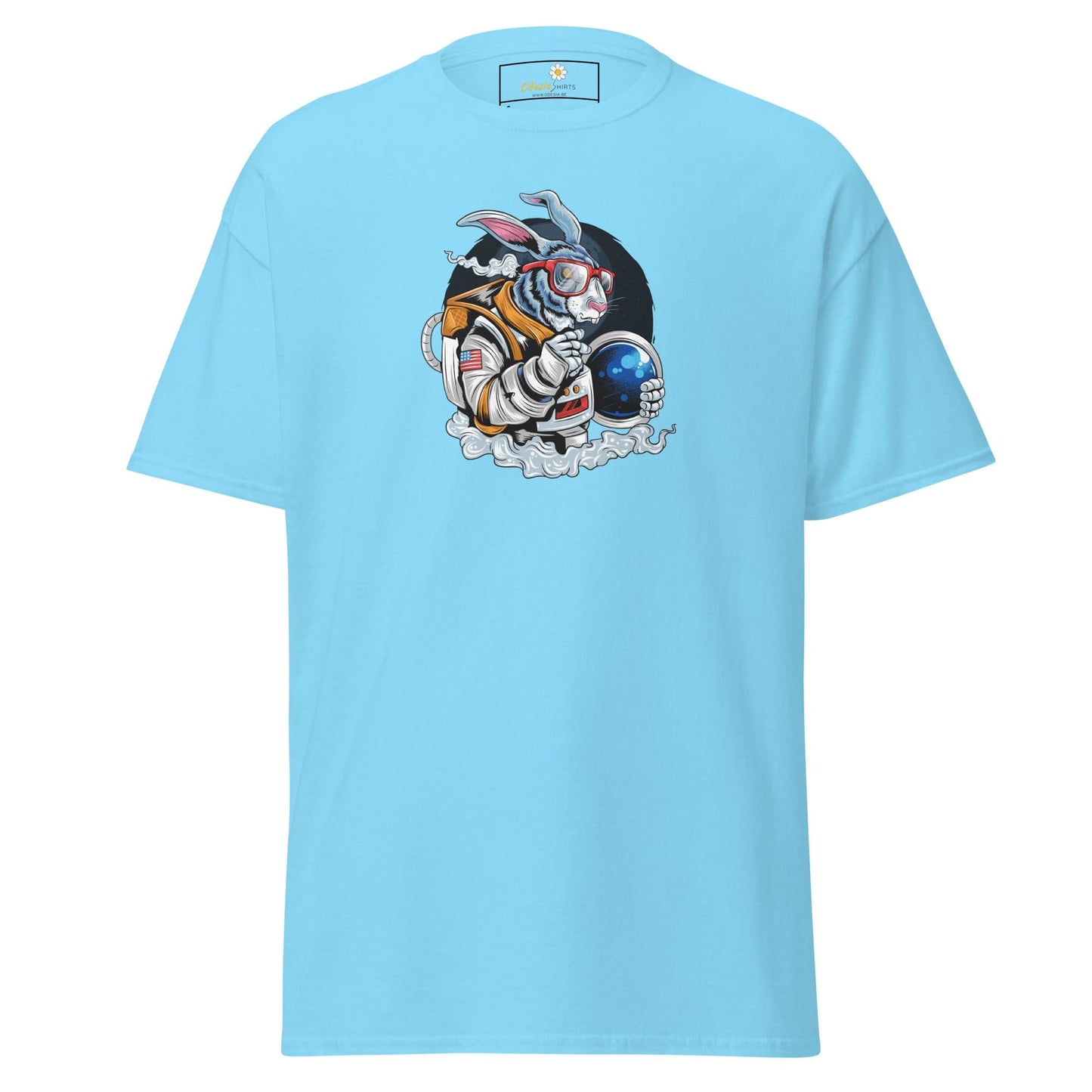 Light blue T-shirt featuring an astronaut rabbit graphic for Men and Women sizes S to XL