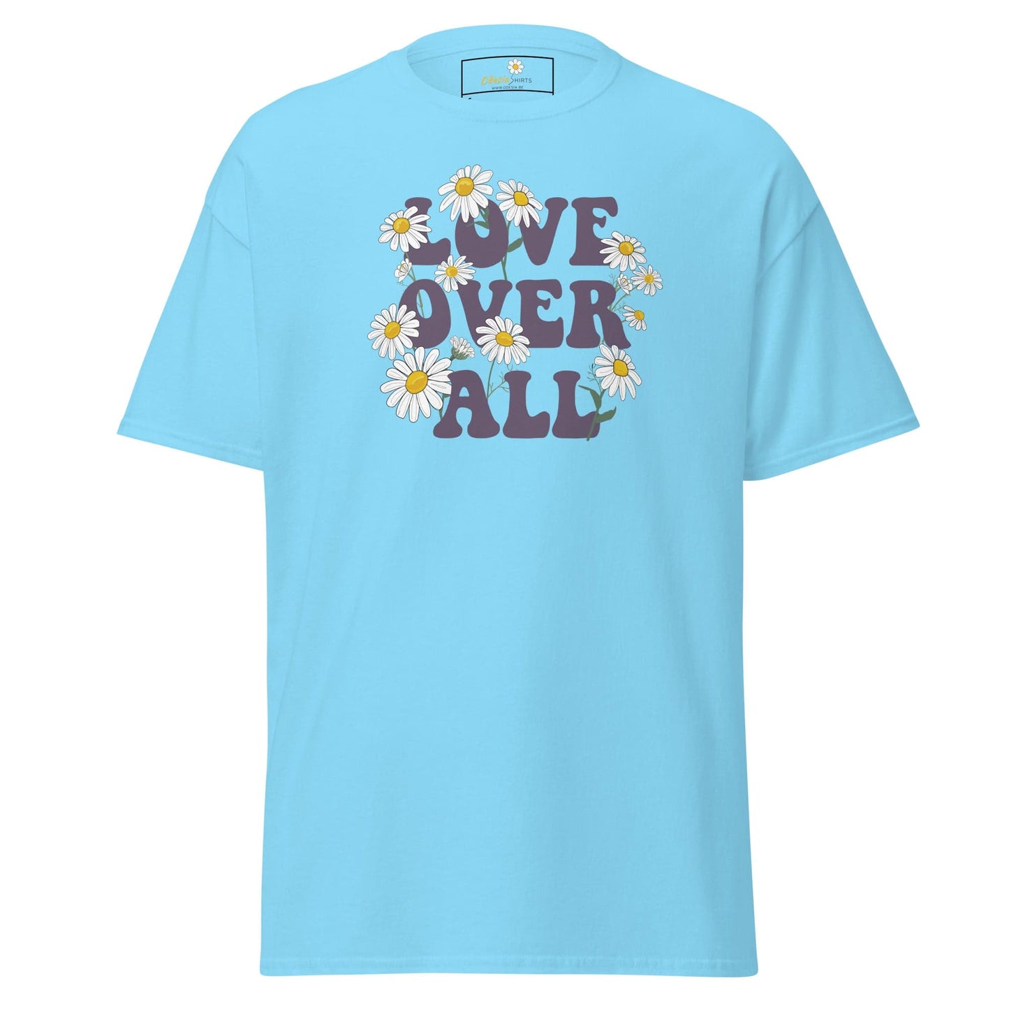 Light blue T-shirt for men and women with floral Love Over All graphic design