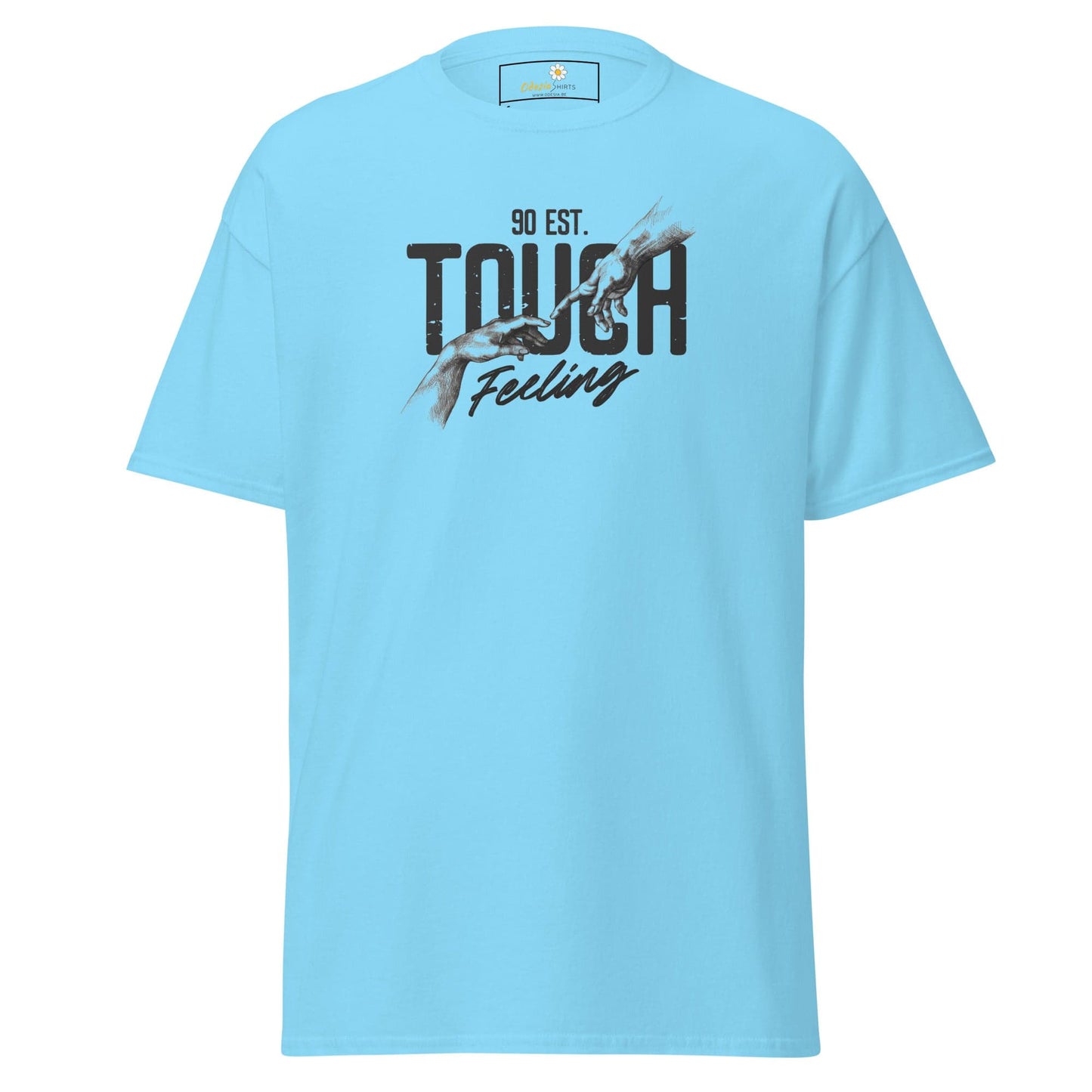 Light blue T-shirt with graphic design, suitable for men and women, available in sizes S to XL
