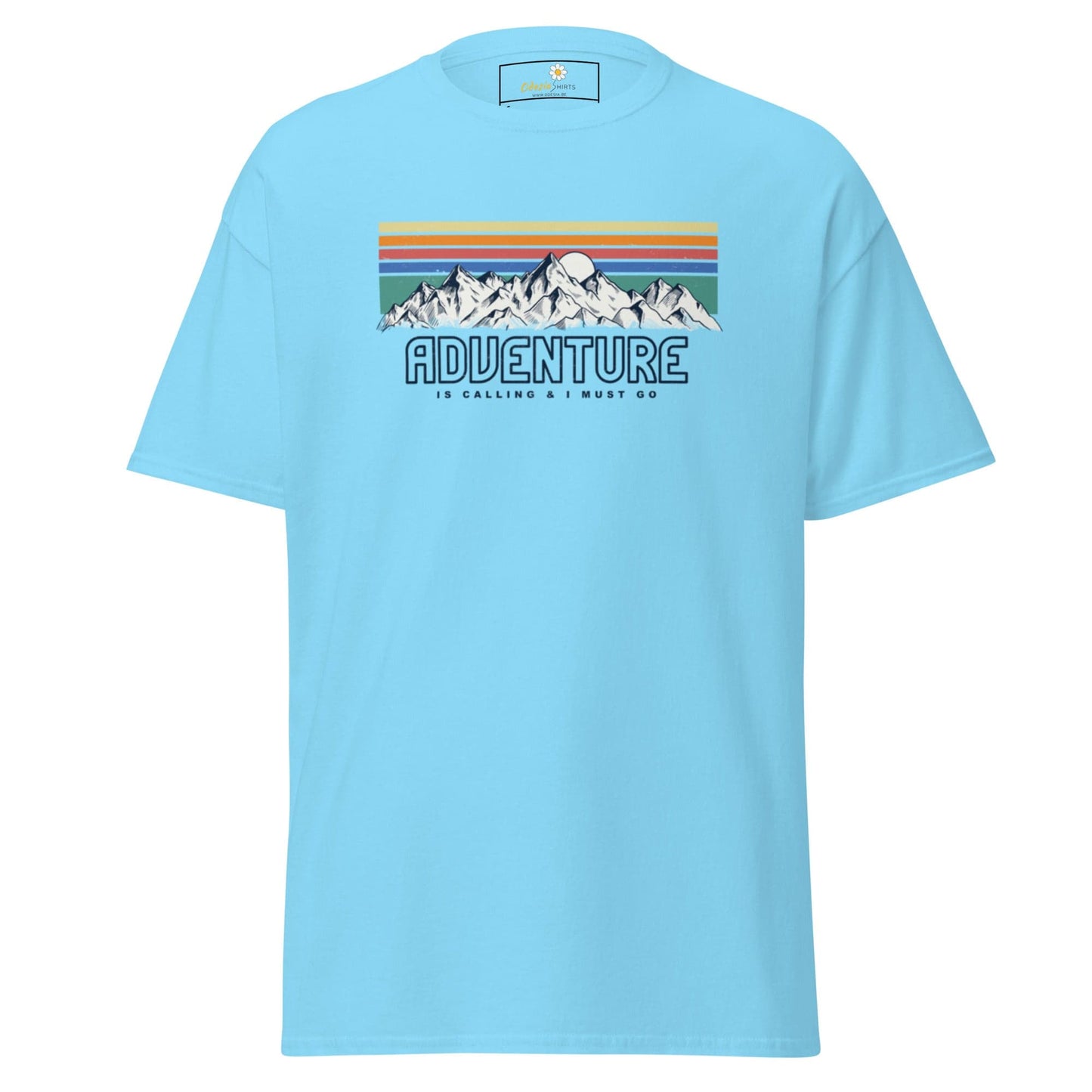 Light blue T-shirt with mountain graphic, suitable for Men and Women, available in S to XL