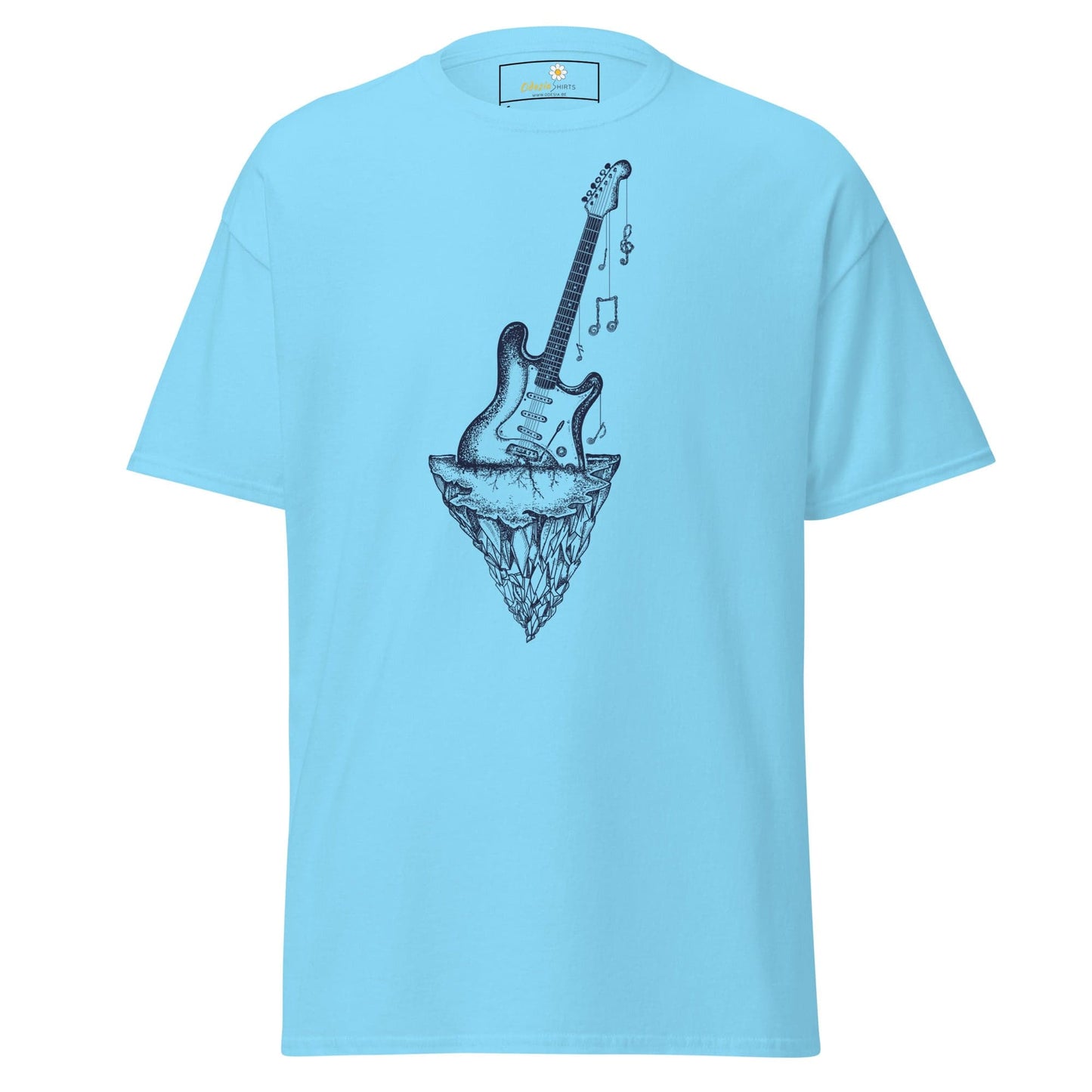Light blue T-shirt with guitar graphic for Men and Women in sizes S to XL
