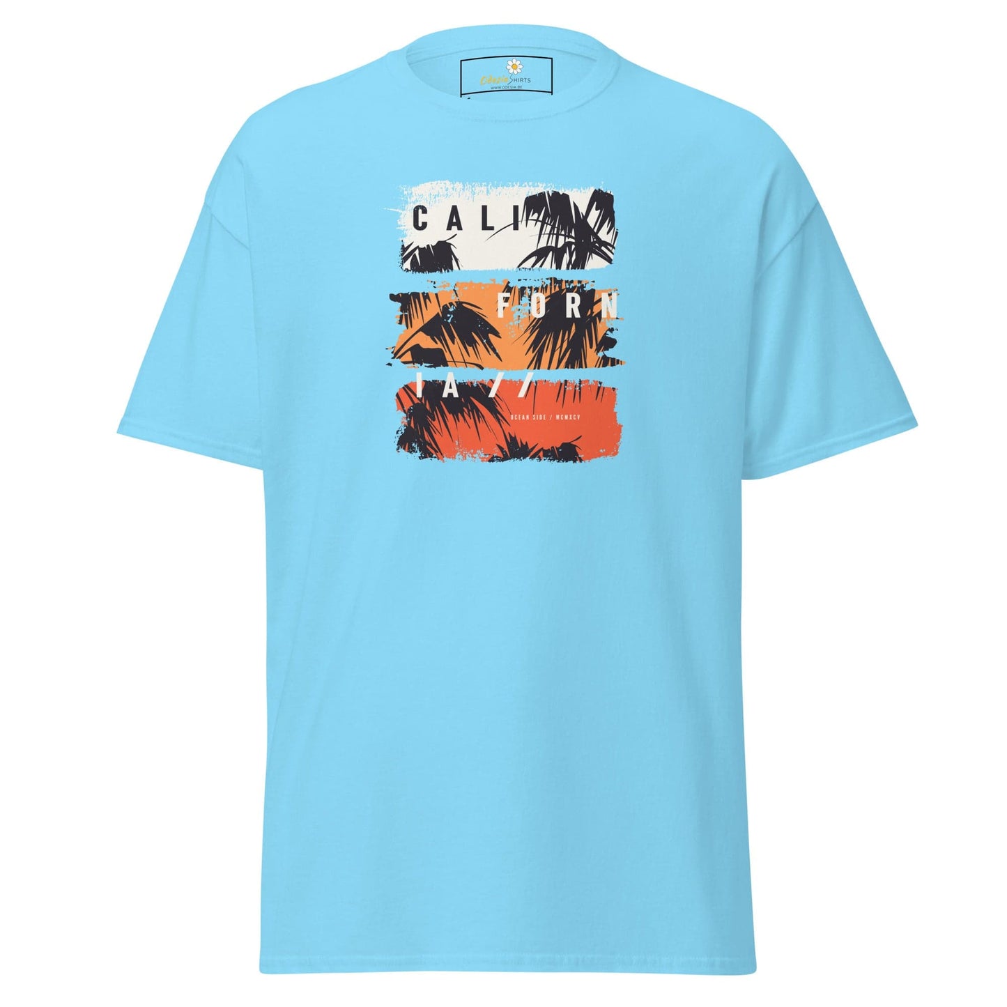 Light blue T-shirt with California graphic suitable for men and women in sizes S to XL