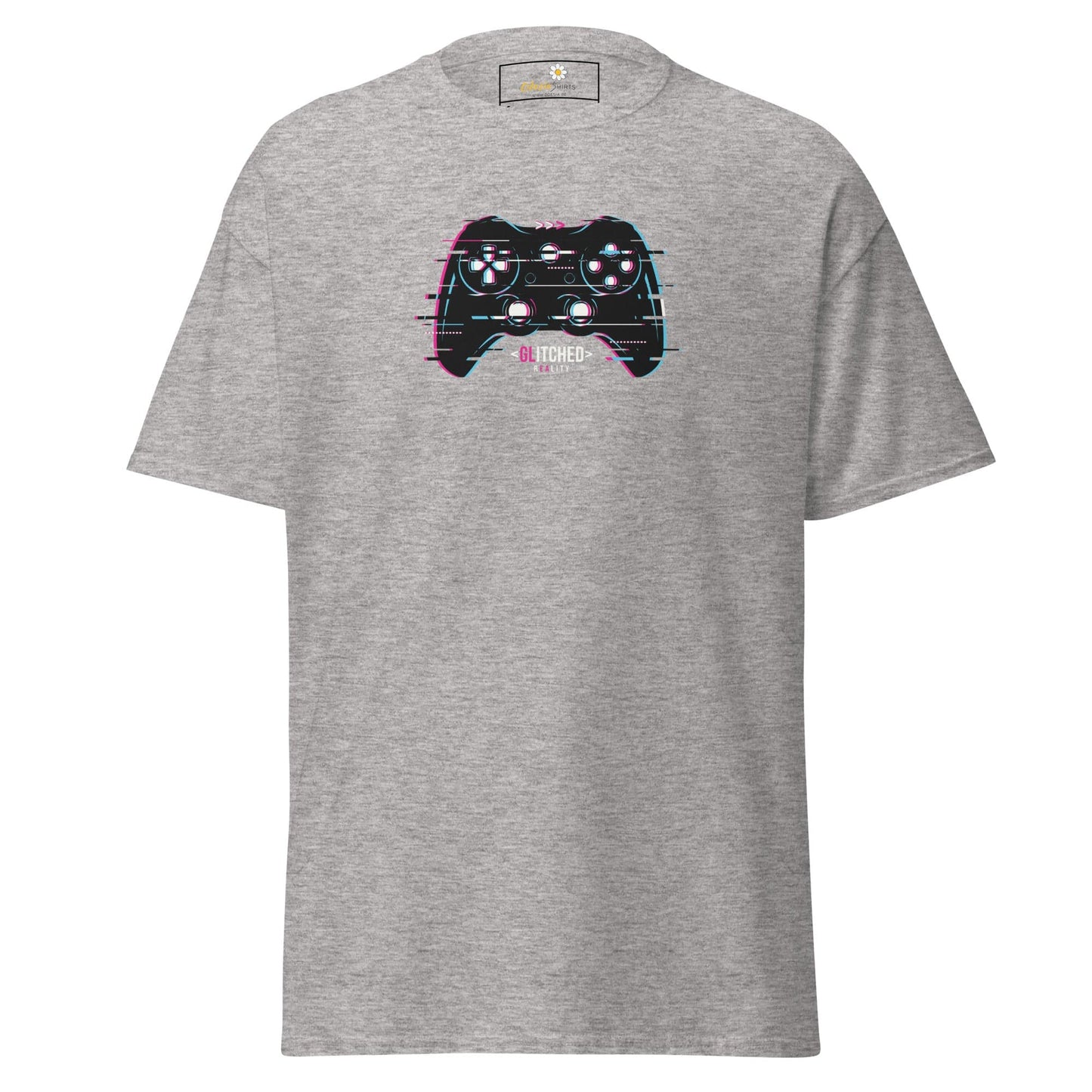 Gray T-shirt with glitchy controller design for men and women, available sizes S to XL