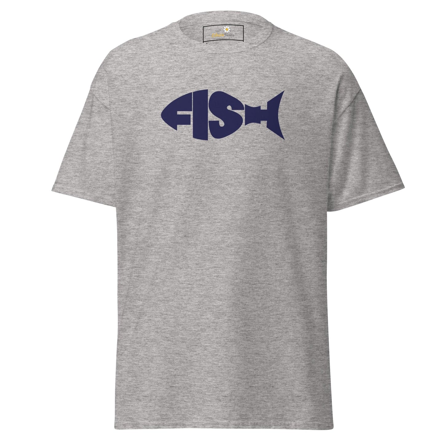 Gray T-shirt with fish design, available in S to XL for men and women