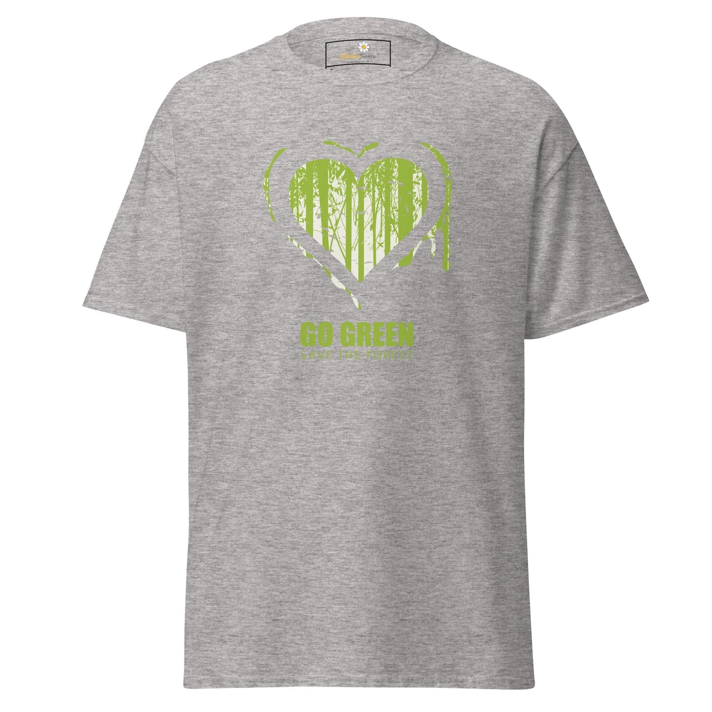 Gray T-Shirt with green heart and trees design for men and women in sizes S to XL