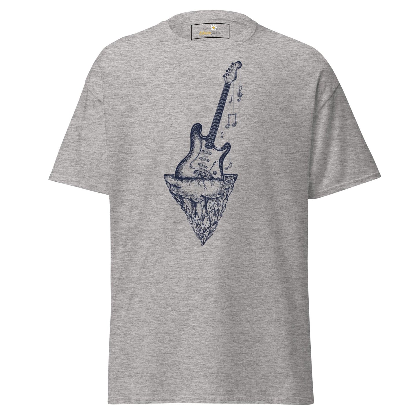 Gray T-shirt with guitar graphic, suitable for men and women, available in S to XL sizes