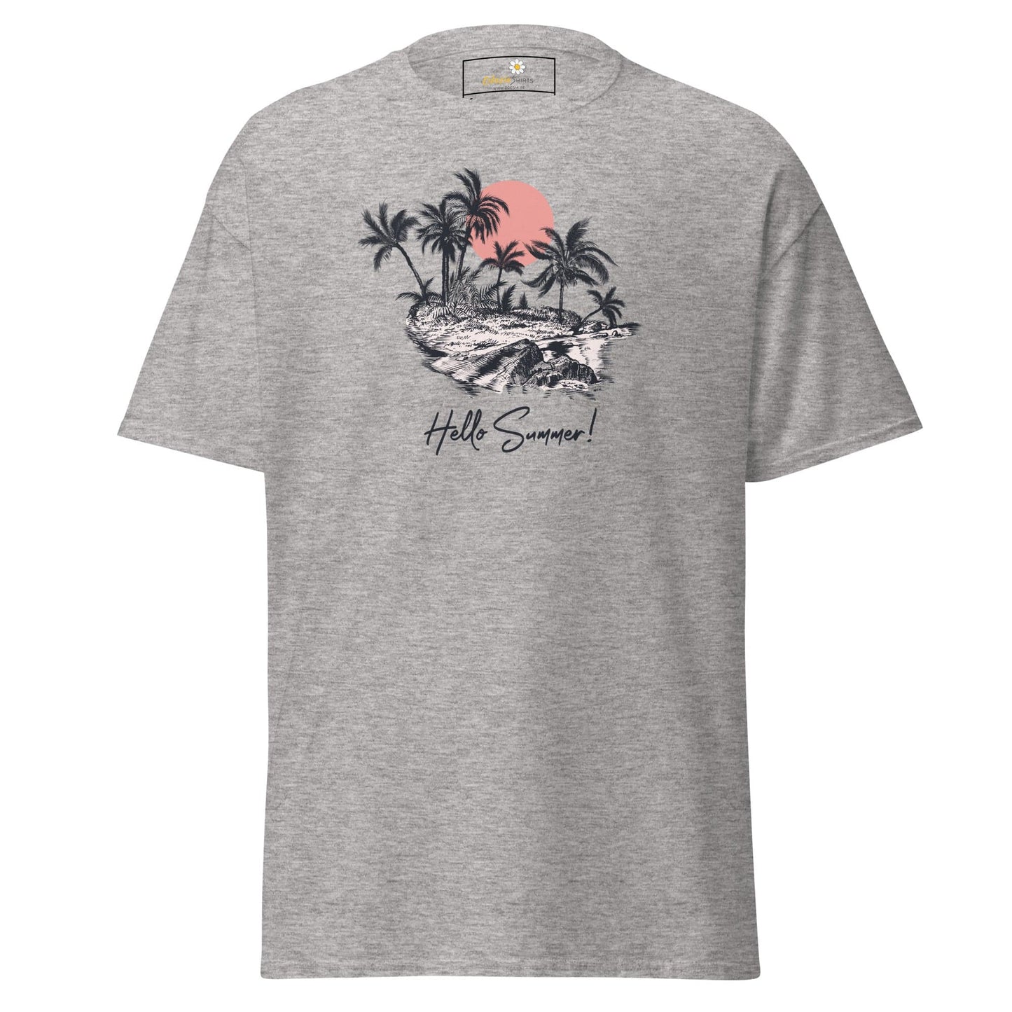 Gray T-shirt with tropical island graphic for men and women in sizes S to XL