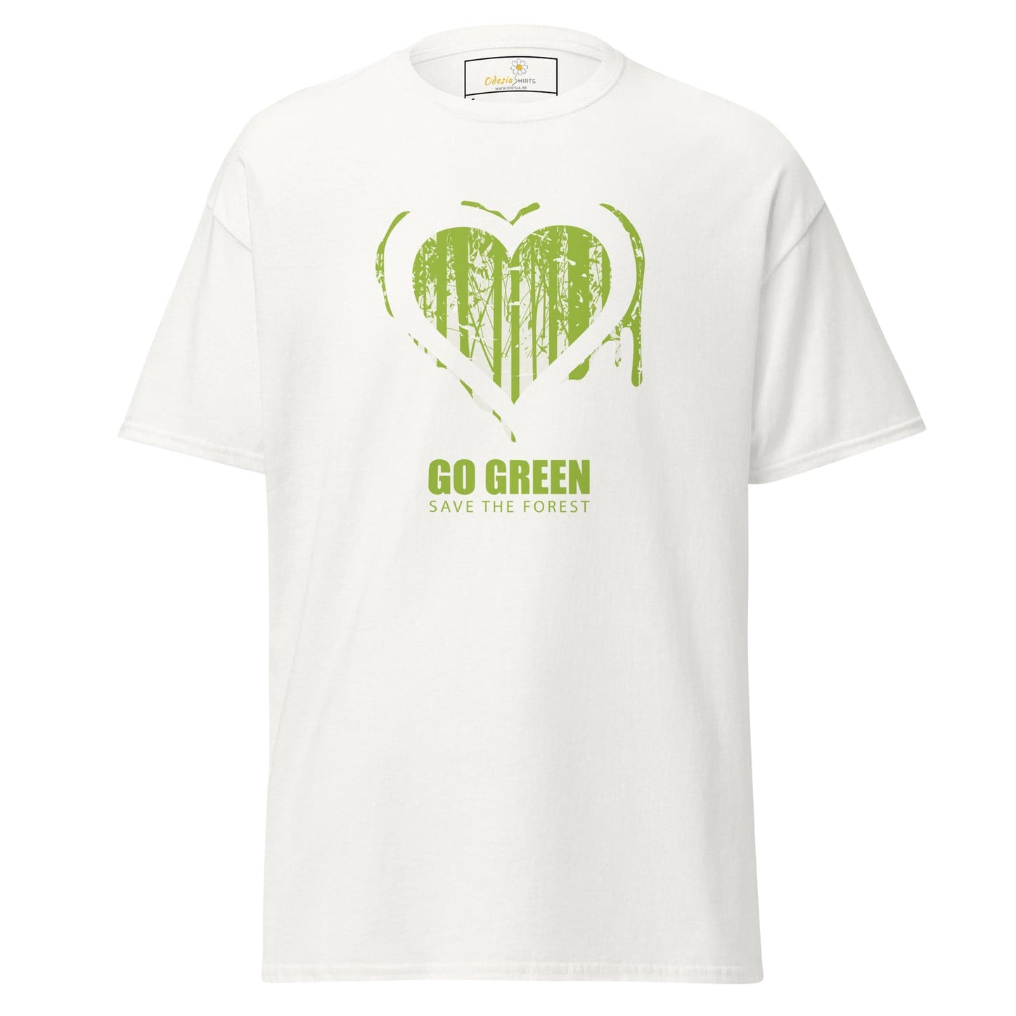 White T-shirt with green heart and forest graphic, suitable for men and women sizes S to XL