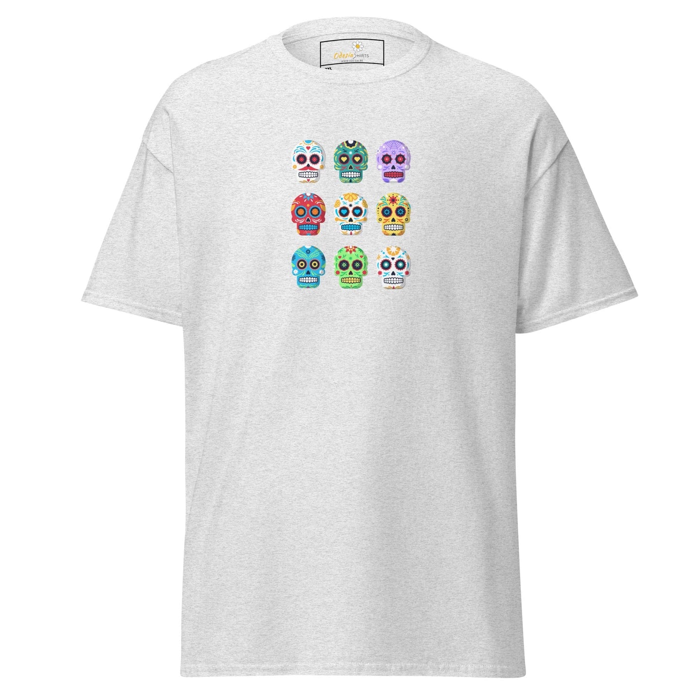 White T-shirt with colorful sugar skull design for men and women in sizes 2XL to 5XL