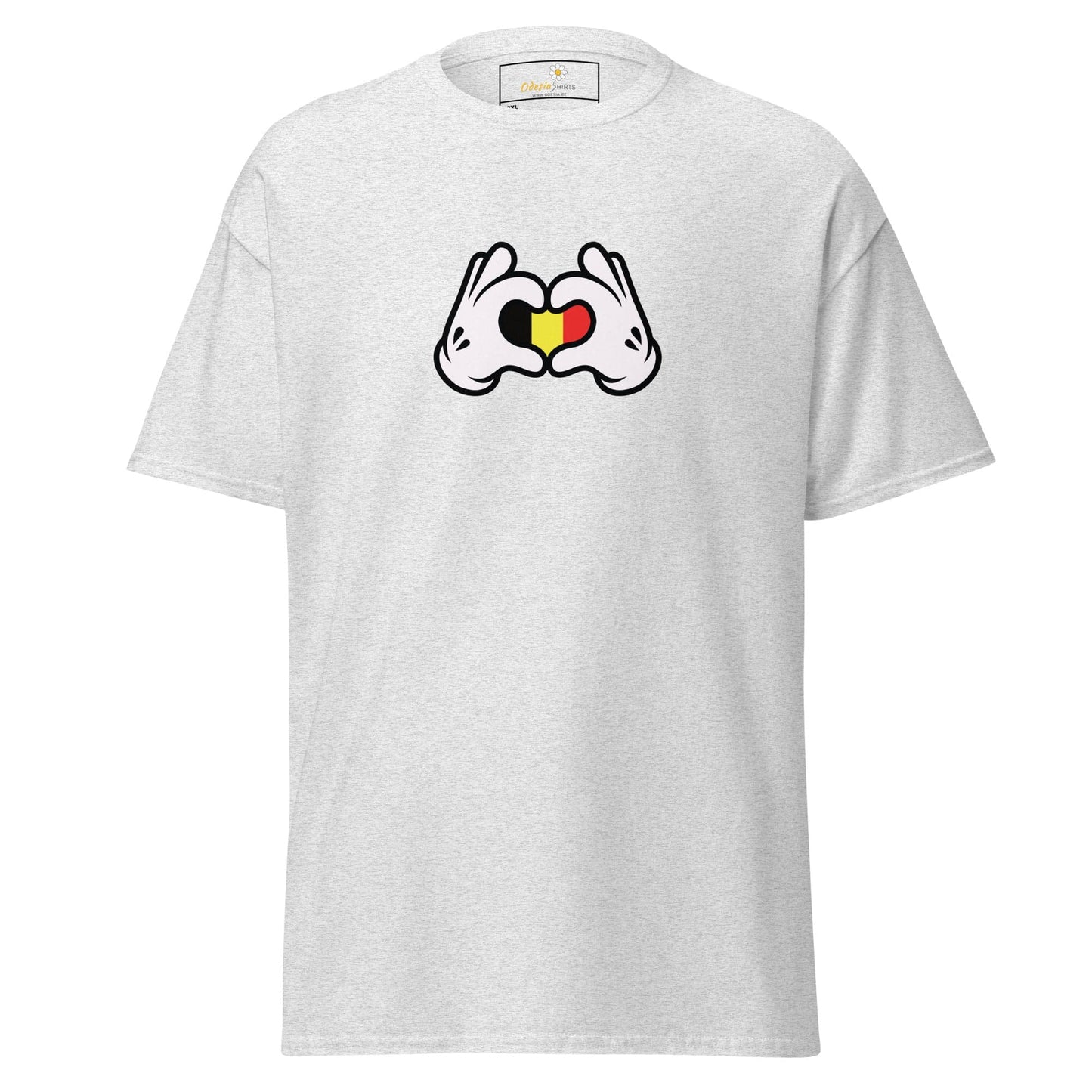 White t-shirt with heart-shaped hands.
