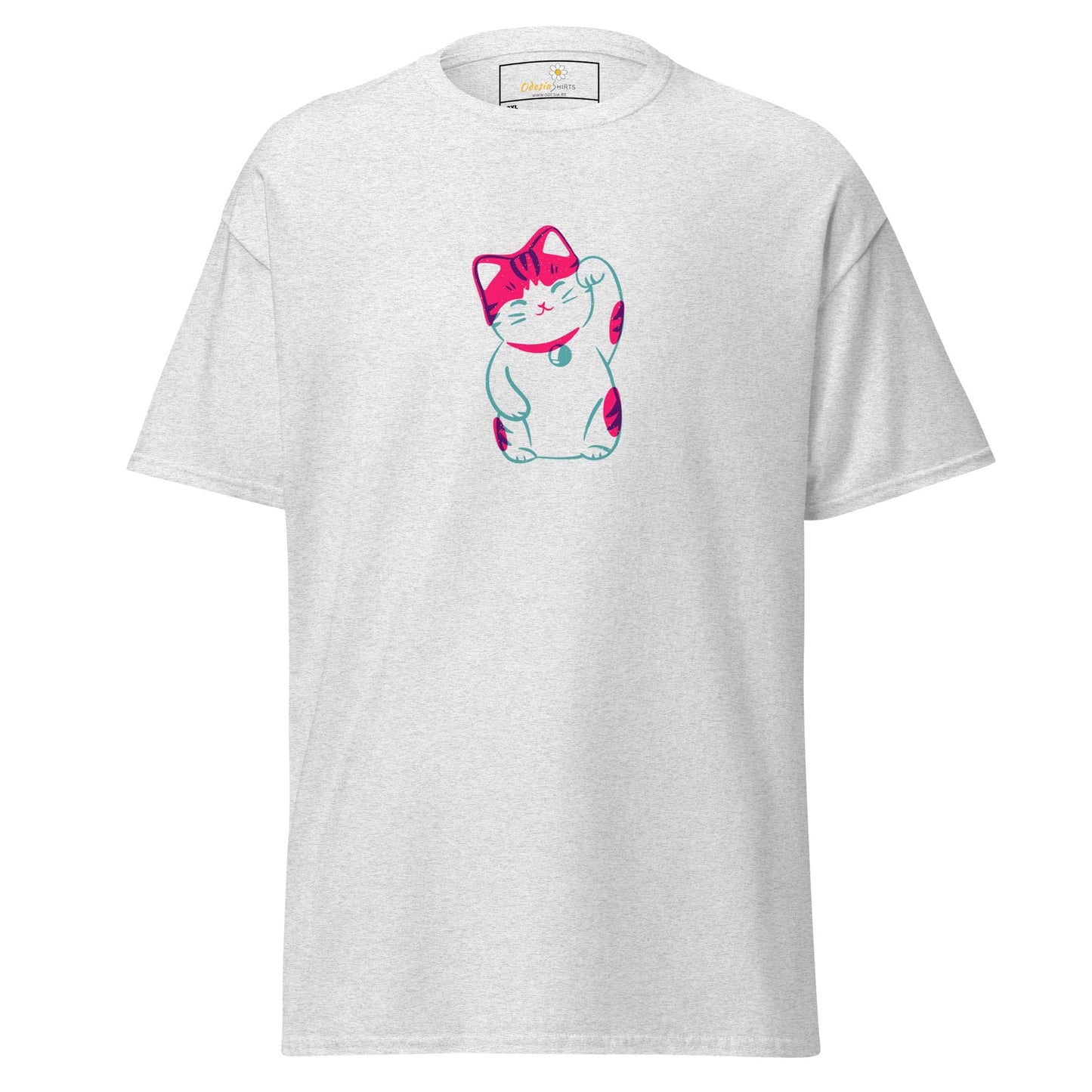 White T-shirt with pink and green cat graphic for men and women in 2XL to 5XL sizes
