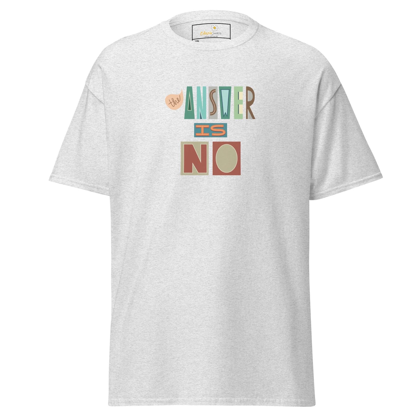 White t-shirt with graphic text.