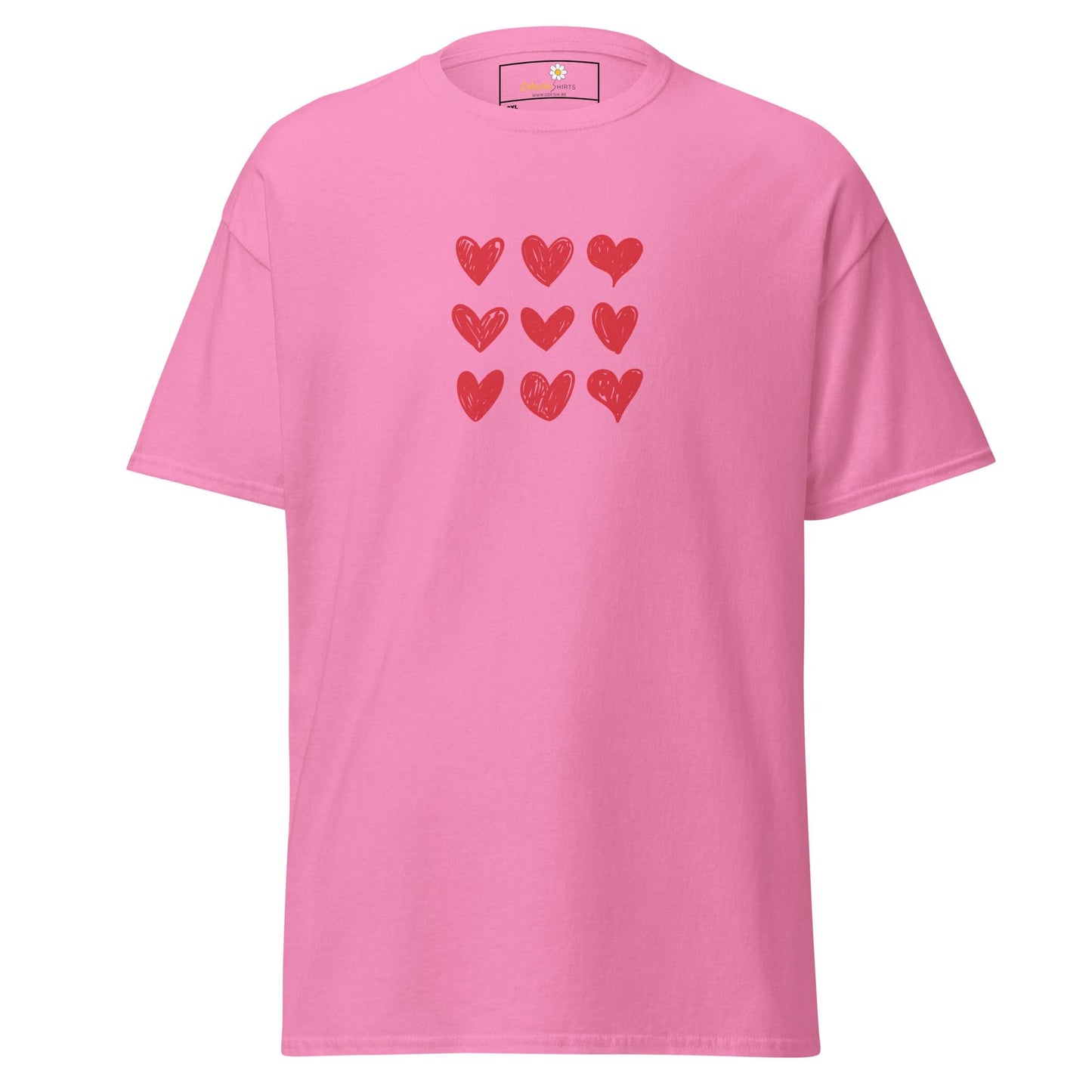 Pink t-shirt with heart pattern.